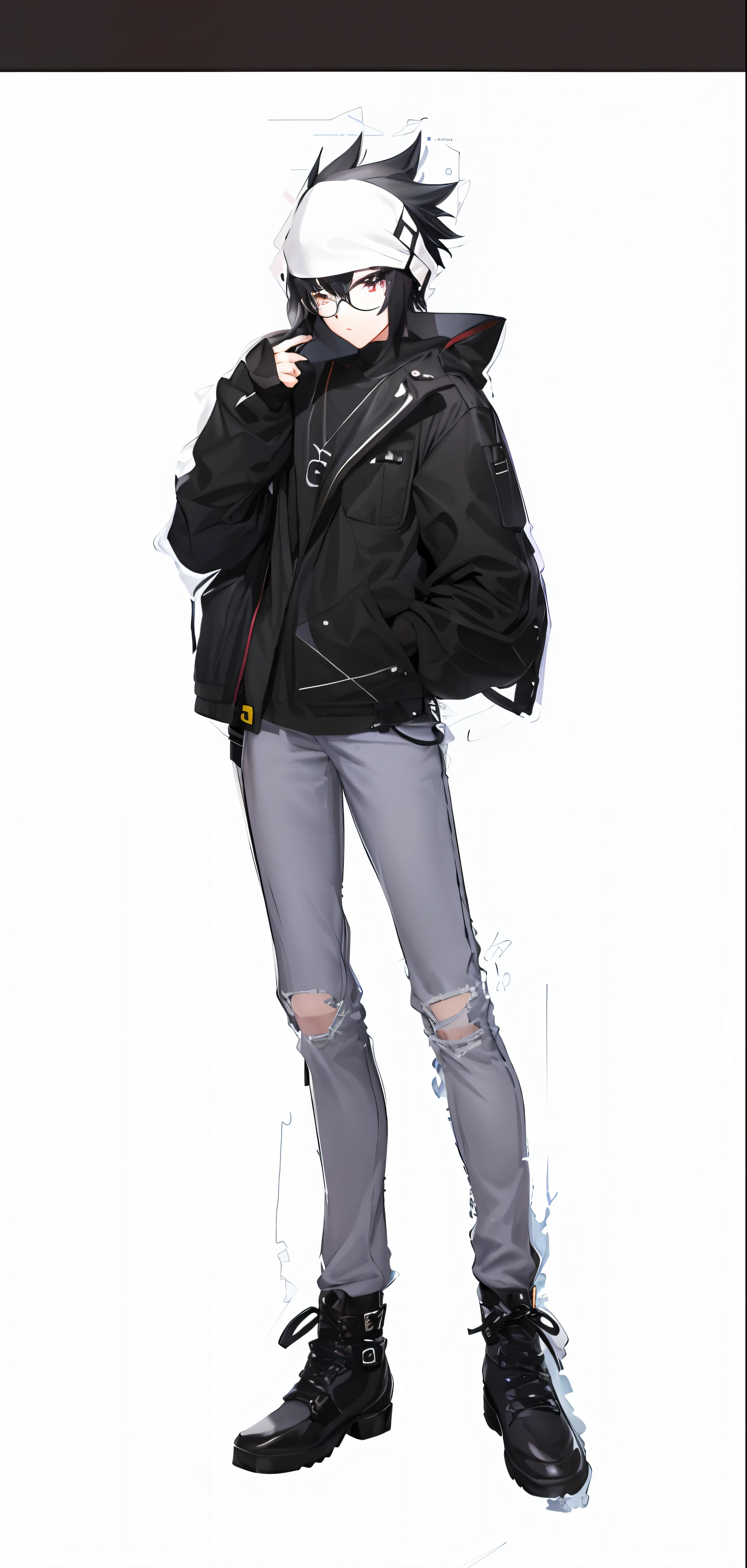 Anime characters with black hair and glasses in black jacket, !!Full body portrait!!, Full body illustration, anime full body illustration, Single character full body, Full body portrait of trousers and trousers!, highly detailed whole body, Boys everywhere!!, clear outfit design, full body detailing