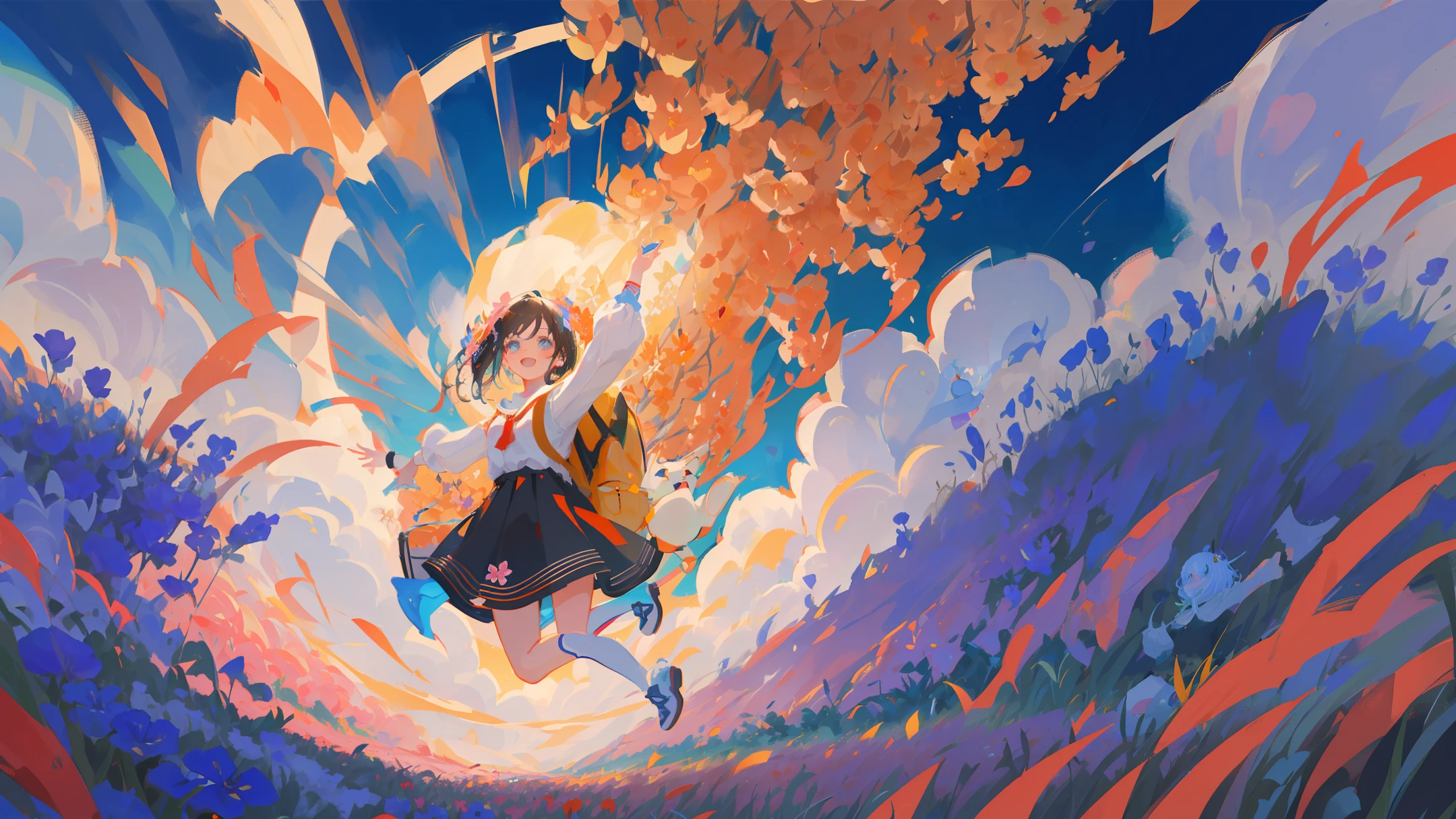 cartoon girl in a field of flowers with a backpack, childrens art in artstation, cute detailed digital art, cute art style, cute detailed artwork, adorable digital painting, girl in flowers, cute digital art, girl dancing in a flower field, full body portrait of a short!, girl in a flower field, a beautiful artwork illustration, girl jumping in a flower field