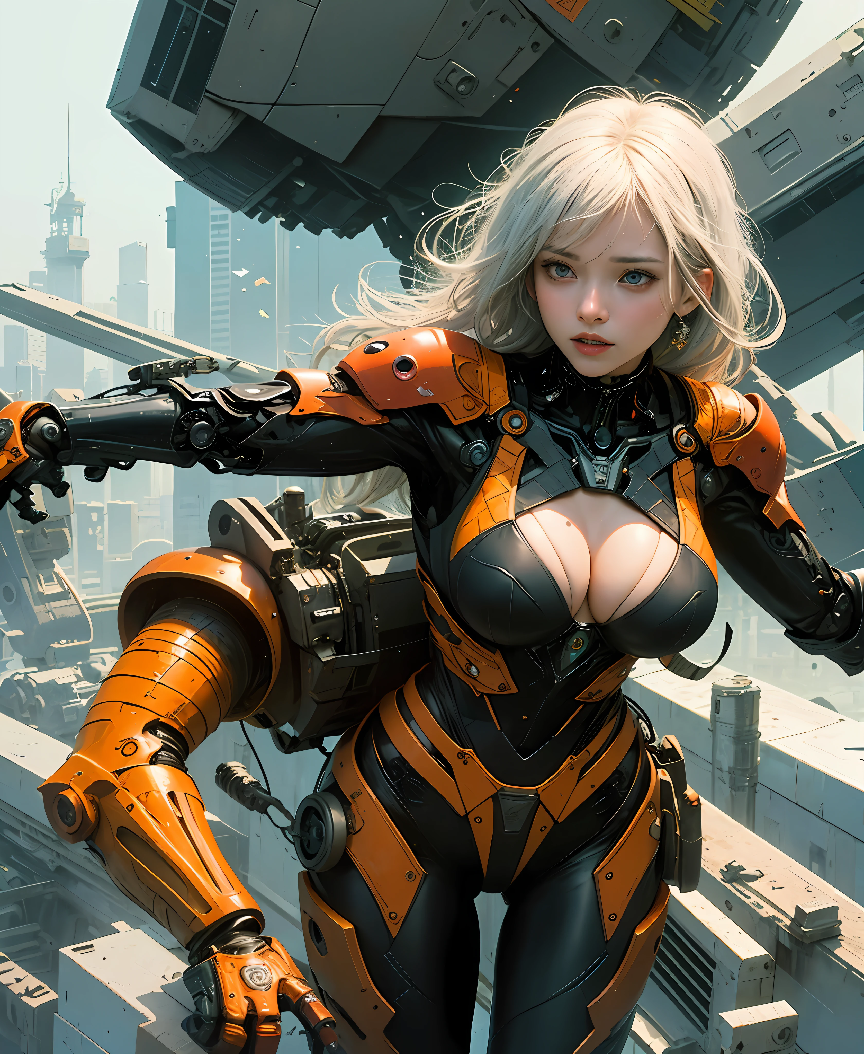 white hair、long fluttering hair、strong breeze、Orange Eyes、radiant eyes、Evangelion Girl、Colossal tits、The face and chest are alive、Cleavage is visible。photoRealstic、portfolio、Evangelion-style metal mecha suit、an oppai cyberpunk、Gothloli details、metalic、detailed mechanical components、Bundle of thin tubes、Metal cylinder、Detailed neon、Fine LED、Fine parts
