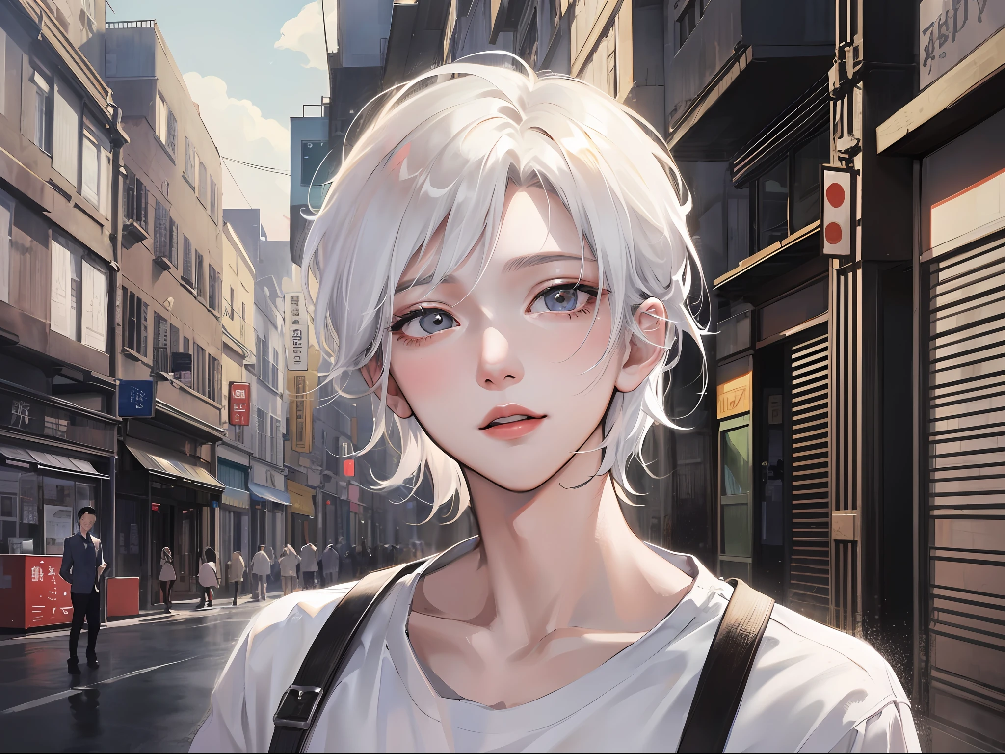 (k hd、Ultra-fine CG picture，Best picture quality、Fidelity)、(Best light and shadow effects，Very delicate and beautiful)、street、A young man and a man、The shirt，White color hair，独奏，short detailed hair，