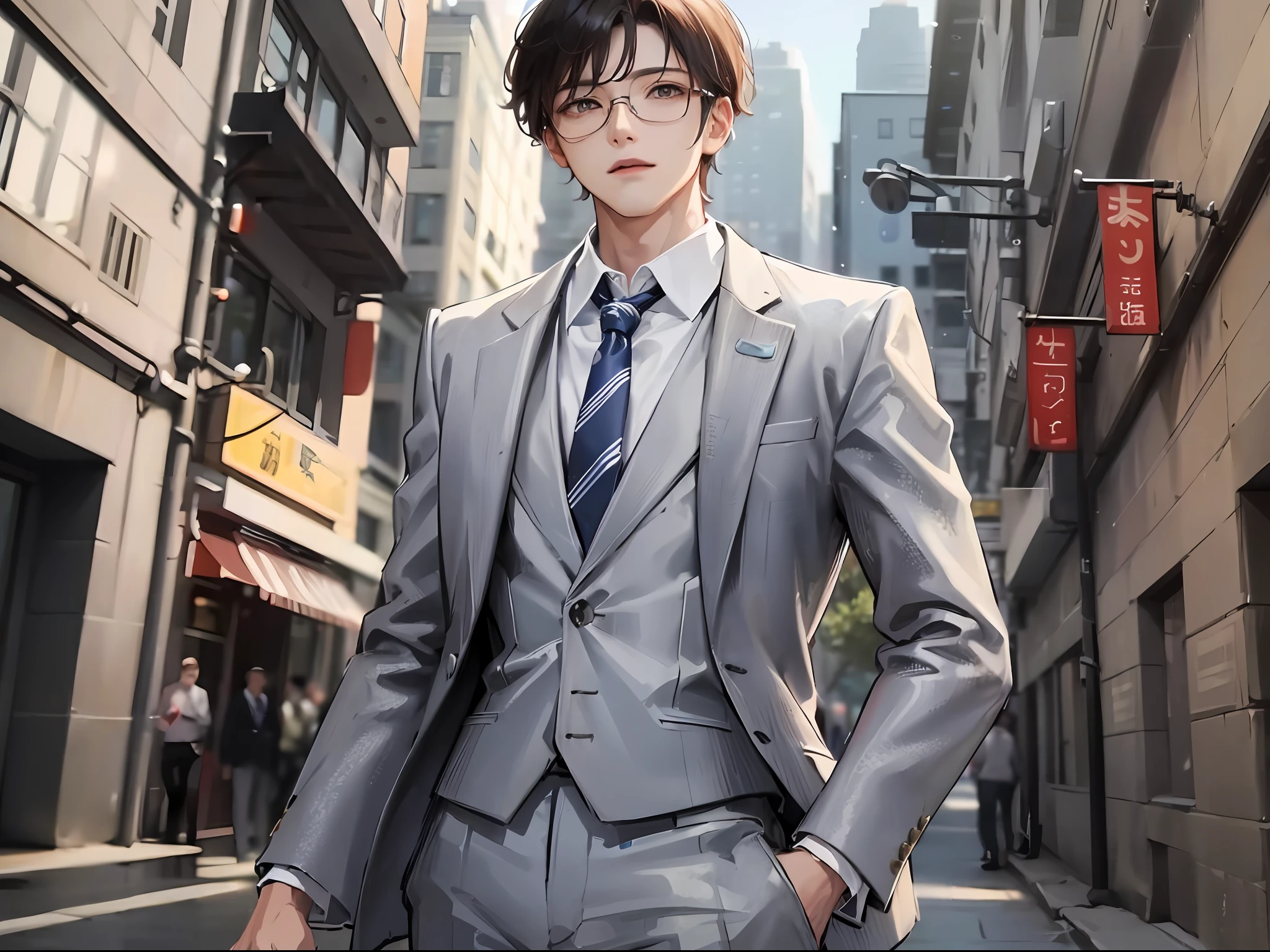 (k hd、Ultra-fine CG picture，Best picture quality、Fidelity)、(Best light and shadow effects，Very delicate and beautiful)、street、、Male youth wearing glasses、white business suit、wearing a tie、