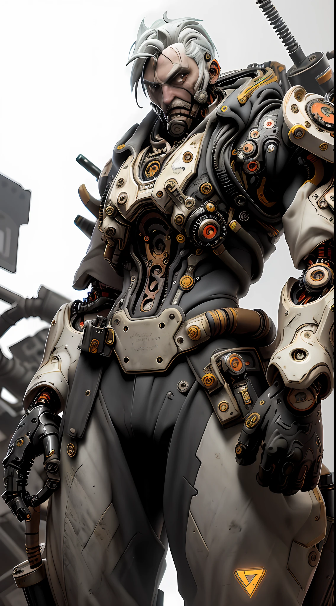 "Intense and gritty, bring to life a steampunk cyborg with intricate and detailed metal gear and joints, glowing red optics, and leather armor. Show them in a post-apocalyptic setting, standing triumphantly over a scrapyard. Use composition and shadows to create dramatic and cinematic effects.",