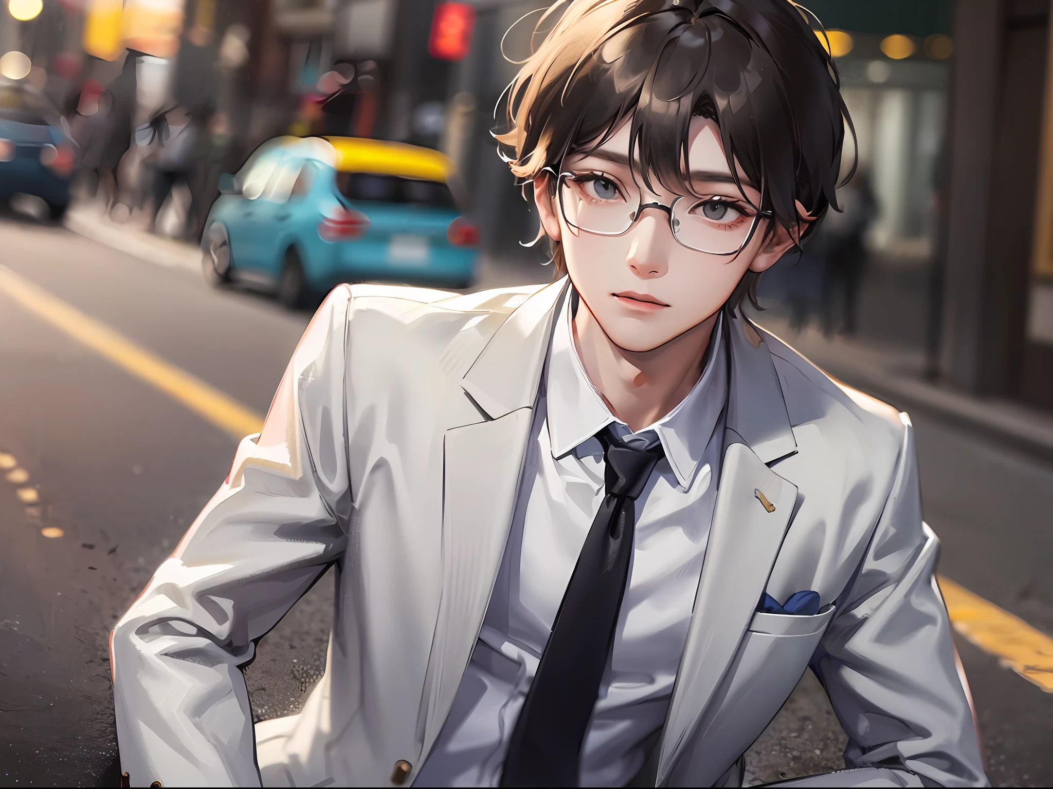 (k hd、Ultra-fine CG picture,Best picture quality、Fidelity)、(Best light and shadow effects,Very delicate and beautiful)、street、、Male youth wearing glasses、white business suit、wearing a tie、