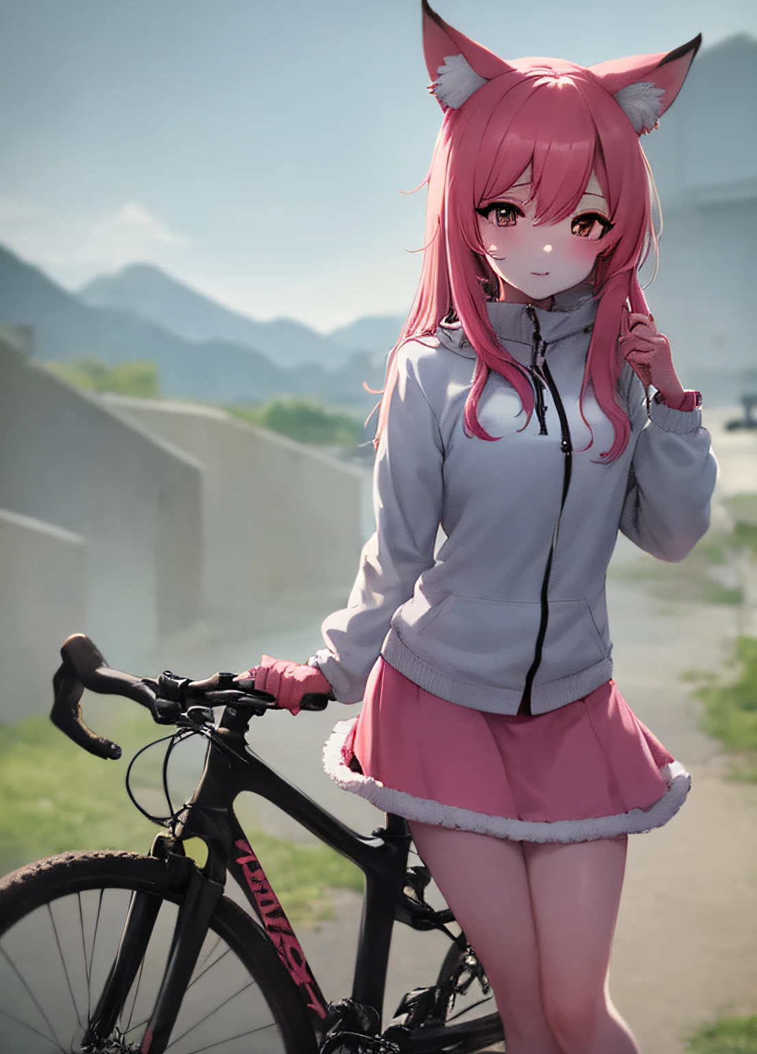 Nazuna Hiwatashi, 1girl, do lado de fora, 独奏, Pink hair, bodyfur, fox ear, fox tails, A high resolution, Wear clothes, hairy pubic, tack sharp focus, Superskirt, Colorful, The upper part of the body，Mountain biking，Mountain tops，