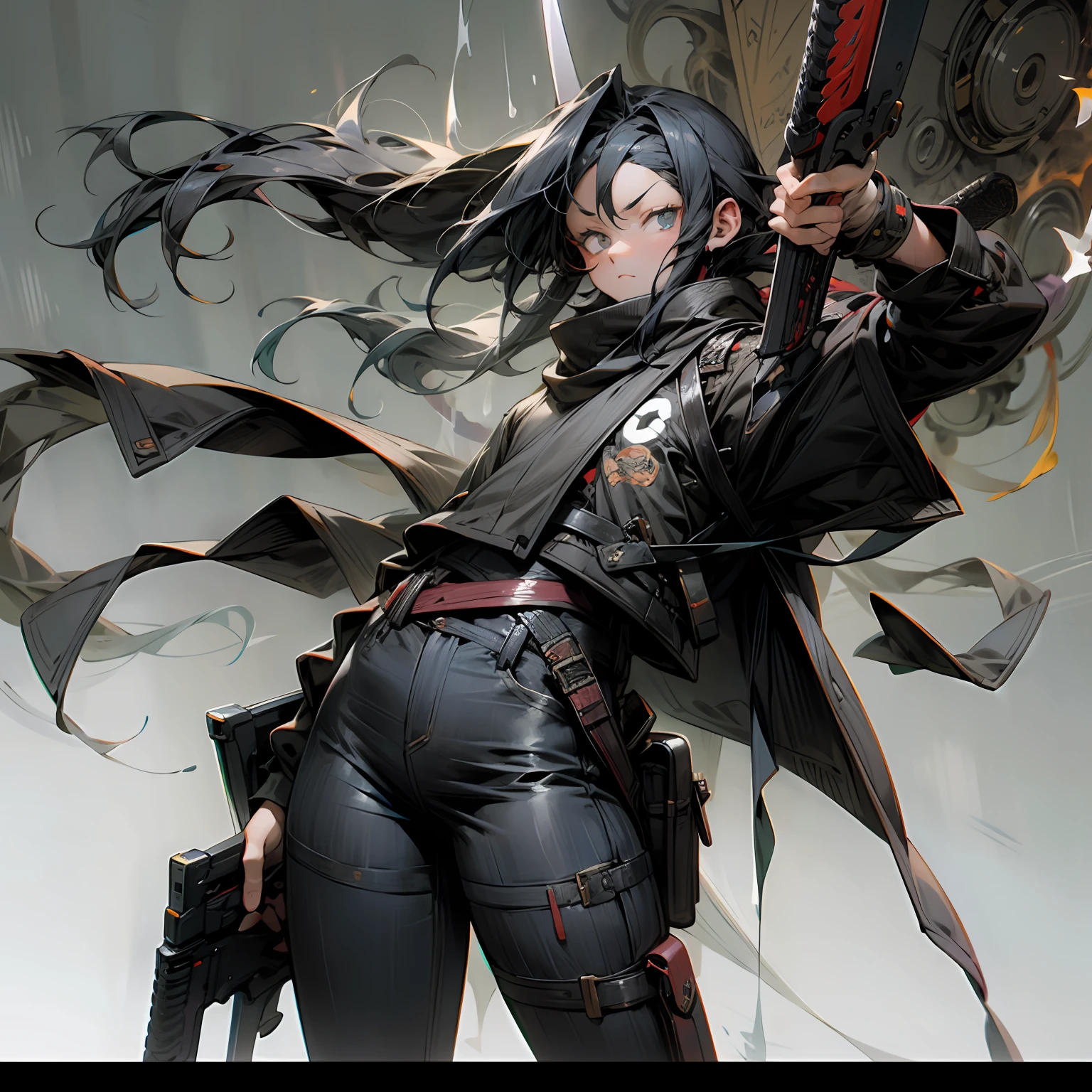 Kizi,style of anime,tactical clothes,Armed with a firearm,Frontal standing photo,Cool atmosphere,There is a ninja sword on his back,There is fire on the weapon --auto