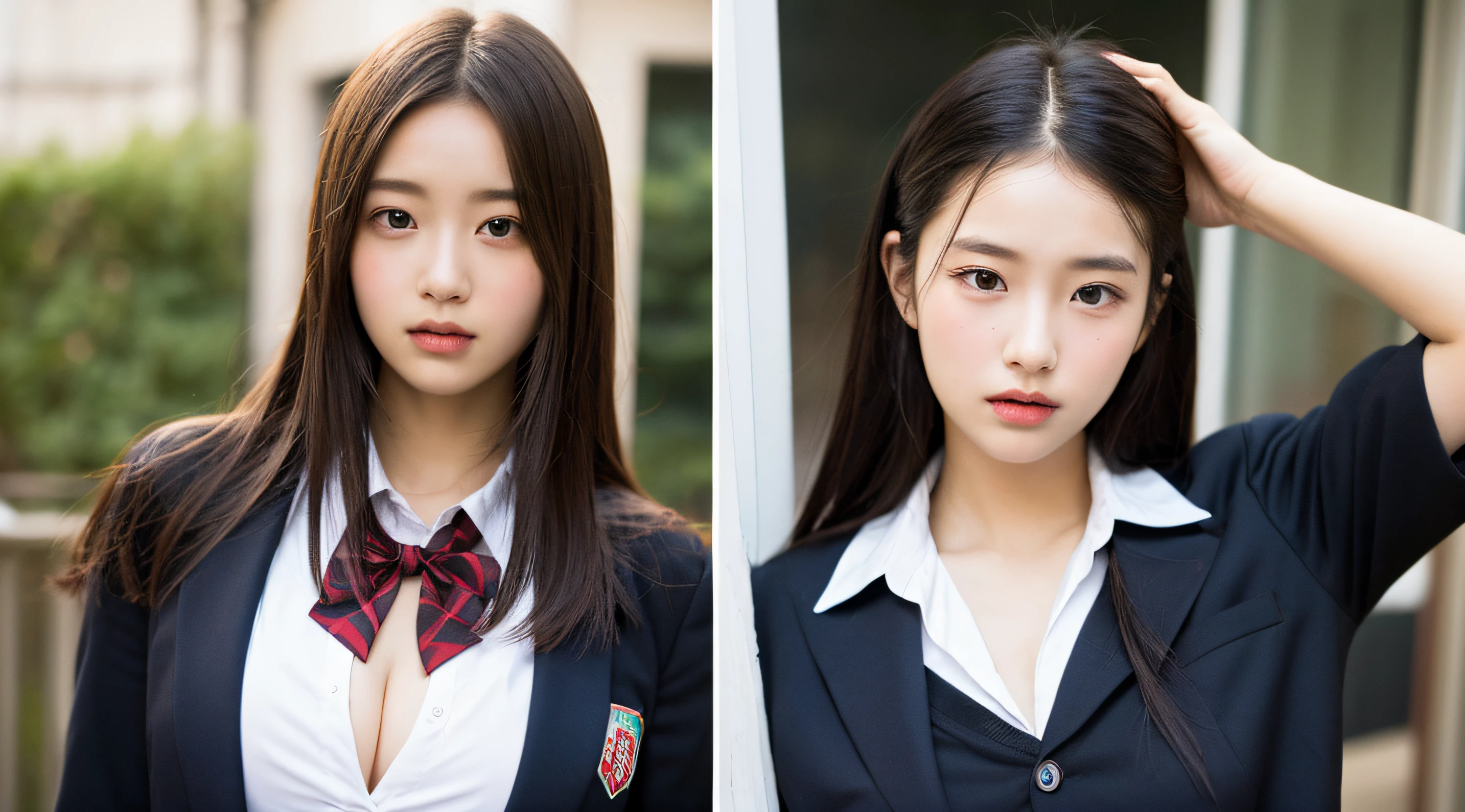 8K,Secondary school girls,Wearing a Japanese high school uniform,cleavage,Fine skin and texture,delicate black eyes,finely detailled
