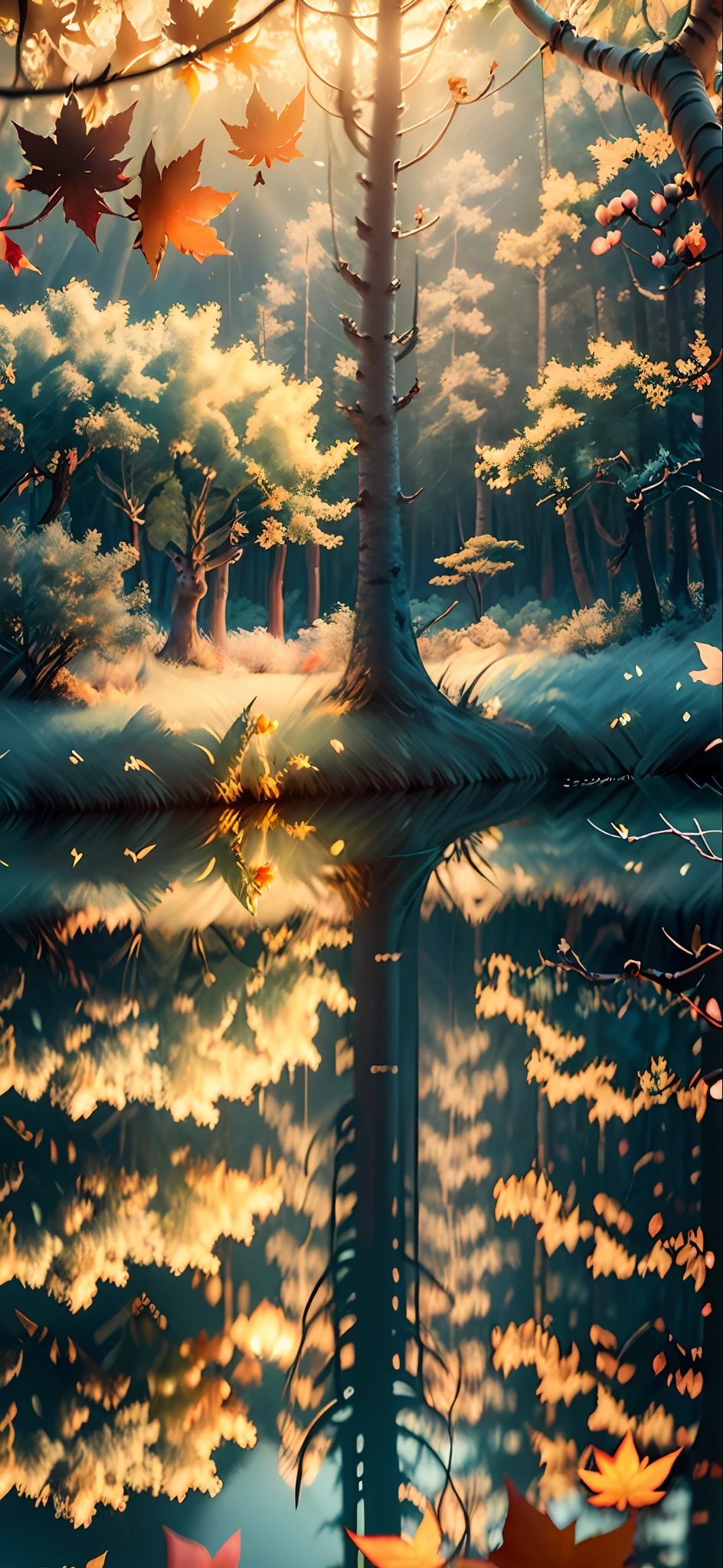 Masterpiece, best quality, (very detailed CG unified 8k wallpaper), (best quality), (best illustration), (best shade), with a glowing deer, drinking in the pool, natural elements in forest theme. Mysterious forest, beautiful forest, nature, surrounded by flowers, delicate leaves and branches surrounded by fireflies (natural elements), (jungle theme), (leaves), (branches), (fireflies), (particle effects) and other 3D, Octane rendering, ray tracing, super detailed