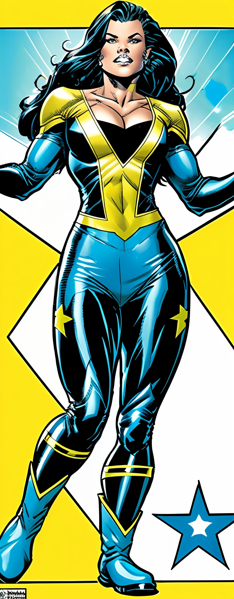 a woman in a blue costume is flying, blue costume, x-man costume, full body, cassandra cain in satin, full body x-force outfit, comic book character, cassandra cain, 90s comic book character design, 2000s comic book character, Caucasian, happy and confident, showing some skin, breasts, cleavage, sexy, navel, midriff, russell dauterman, John Romita Jr.