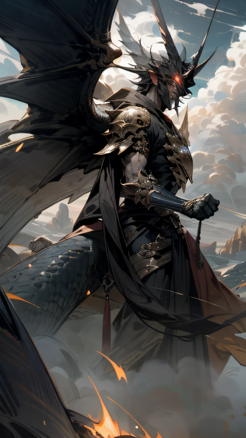 Western Dragon,Plants wrap around the wings,Grandiose scenes,Dimly lit sky,clouds,World of mythology,War and fire,Battle of the Gods,Full of history and intrigue,超高分辨率,8k,Super detailed details,tmasterpiece,best qualtiy,Beauty and aesthetics