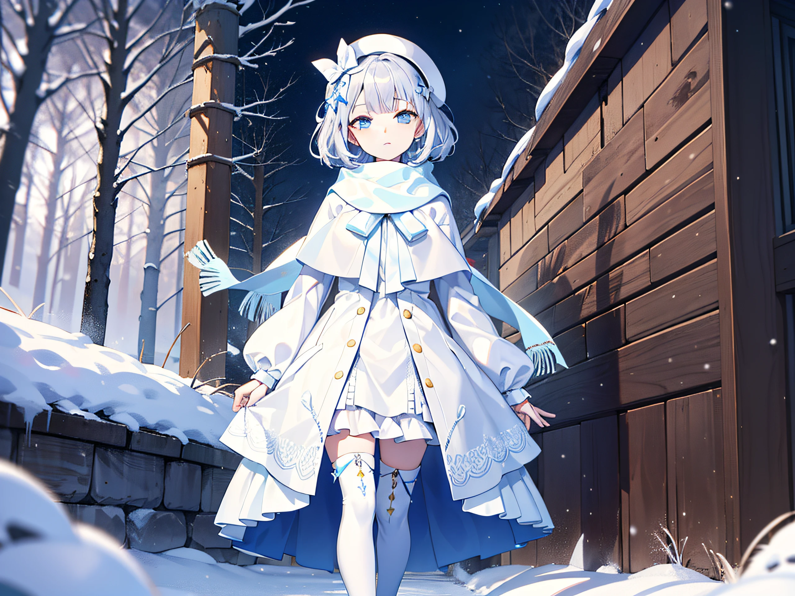 Light blue eyes,Princess cut,whaite hair,White thigh boots,White Gothololita,White over-the-knee stockings,white bows,Full body like,sweeping bangs,Semi-closed Eyes,Long white scarf,ln the forest,Night,at winter season,tmasterpiece,4K,Award-winning photos,extremely detaile,finely detailled,Highly detailed woman,teens girl,Extremely detailed eyes and face,best qualtiy,Indifferent expression,Standing