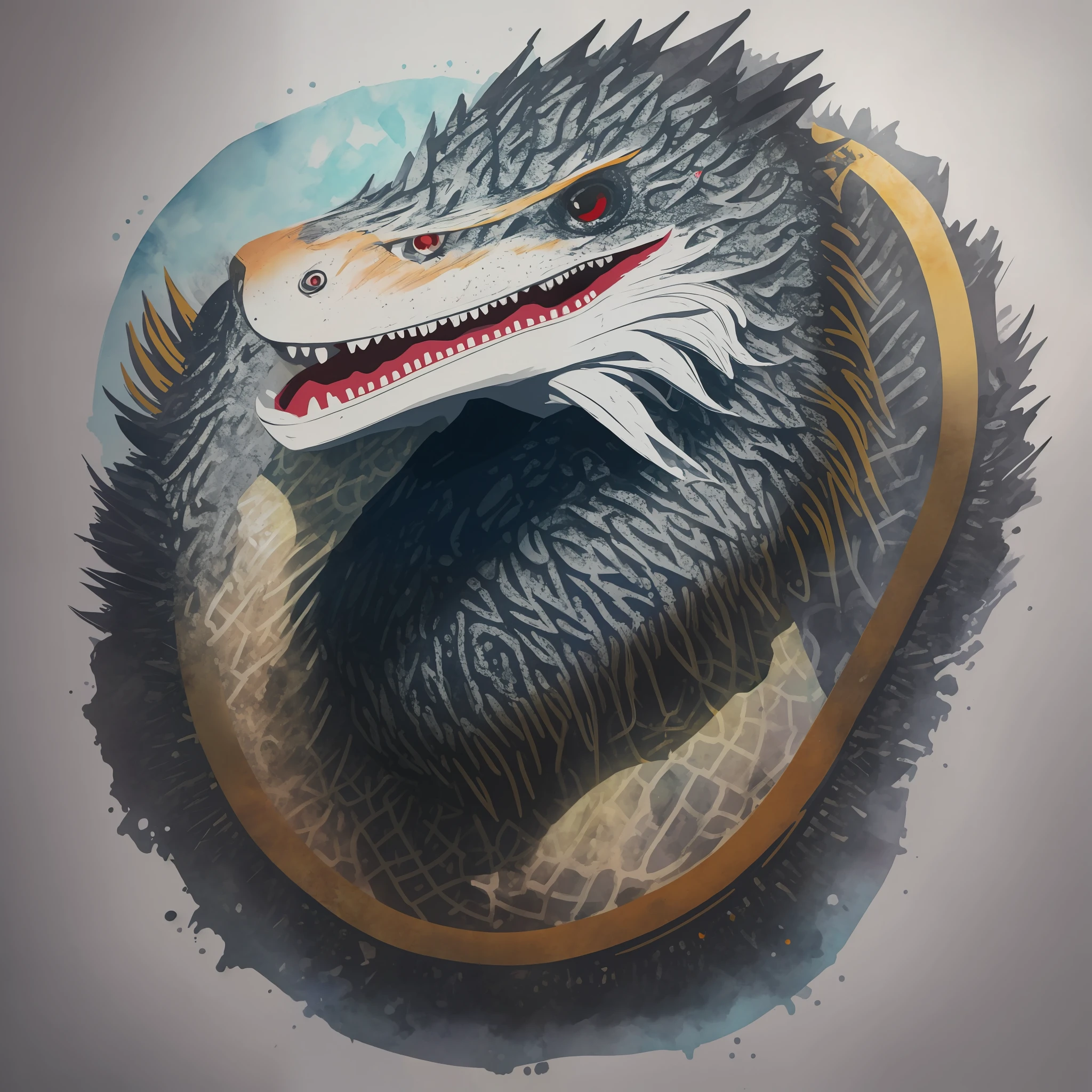 Um tiranossauro rex, estilo aquarela, Design com qualidade de 32k, inspirada em design de camiseta, com estilo aquarela, made by DSLR Camera, enquadramento total, Centralizado, fundo branco, Maximum quality, maximum details. Imagem de um excelente pintor.