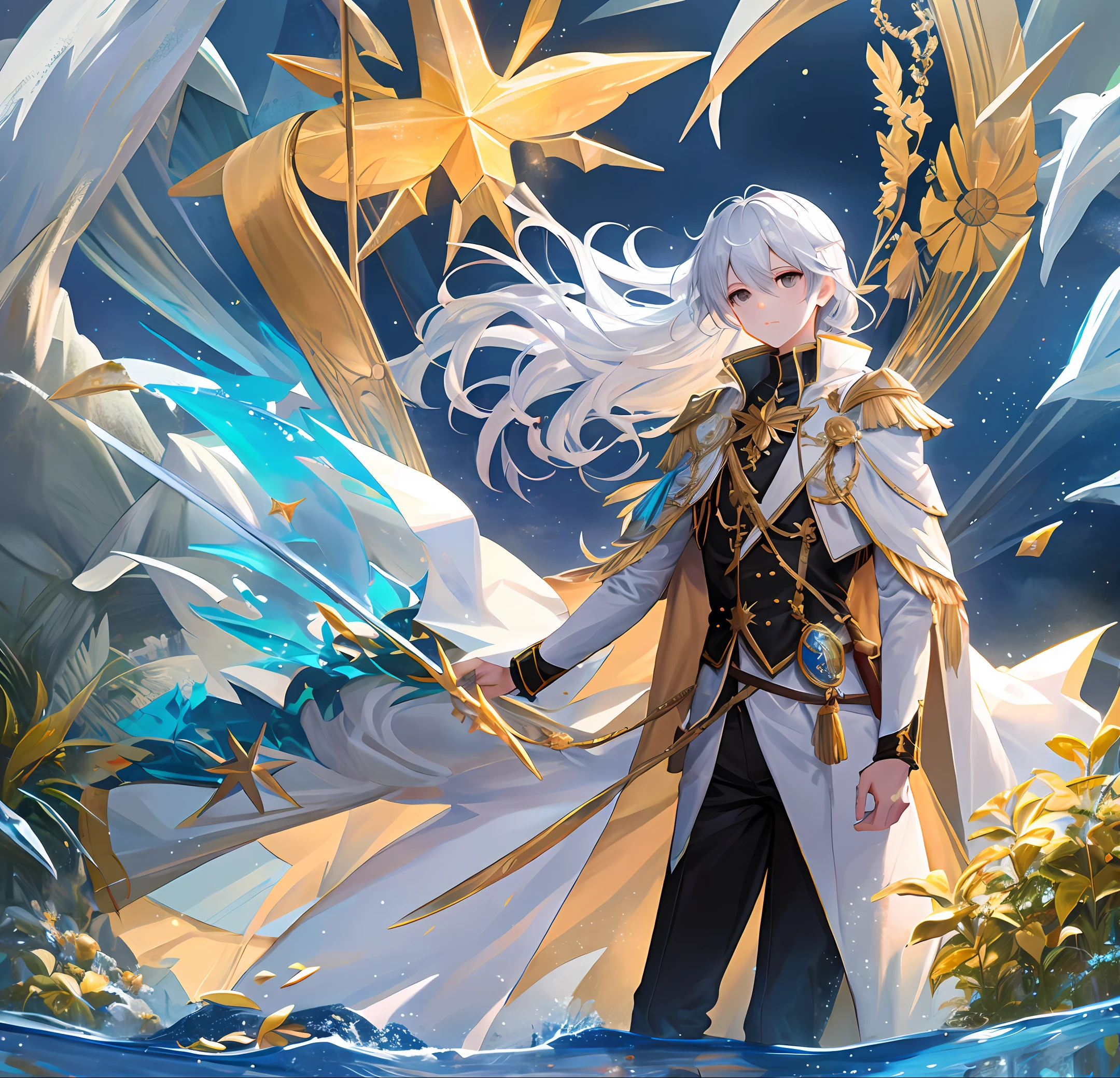 Ice aurora, Ray traced lake, Clouds, stars, Moon, adolable,boy, anime big breast, Clear eyes, Gray medium long hairstyle, Flawless, Perfect masterpiece, Best Painting, Beauty is the best, the sense of atmosphere, the best quality --auto