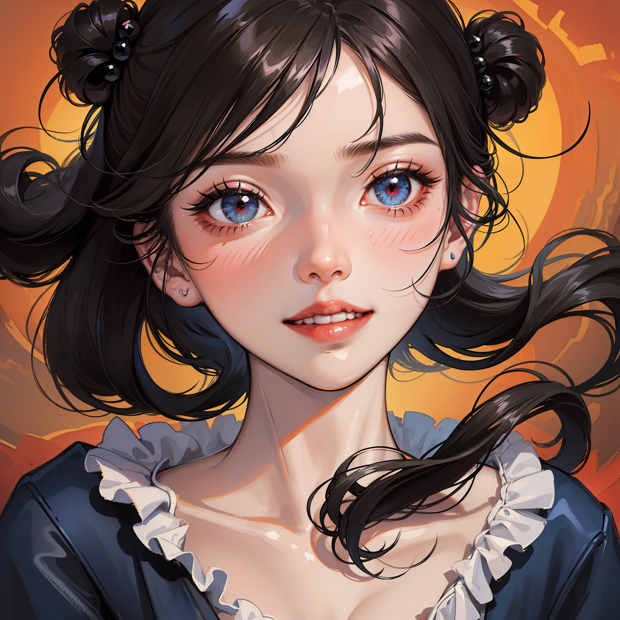 black hair, hair bobbles, wince, longeyelashes, light smile, ear blush, fang, black hair, Surrealism, drop shadow, anaglyph, stereogram, tachi-e, pov, atmospheric perspective, Surrealism, 8k, super detail, ccurate, best quality