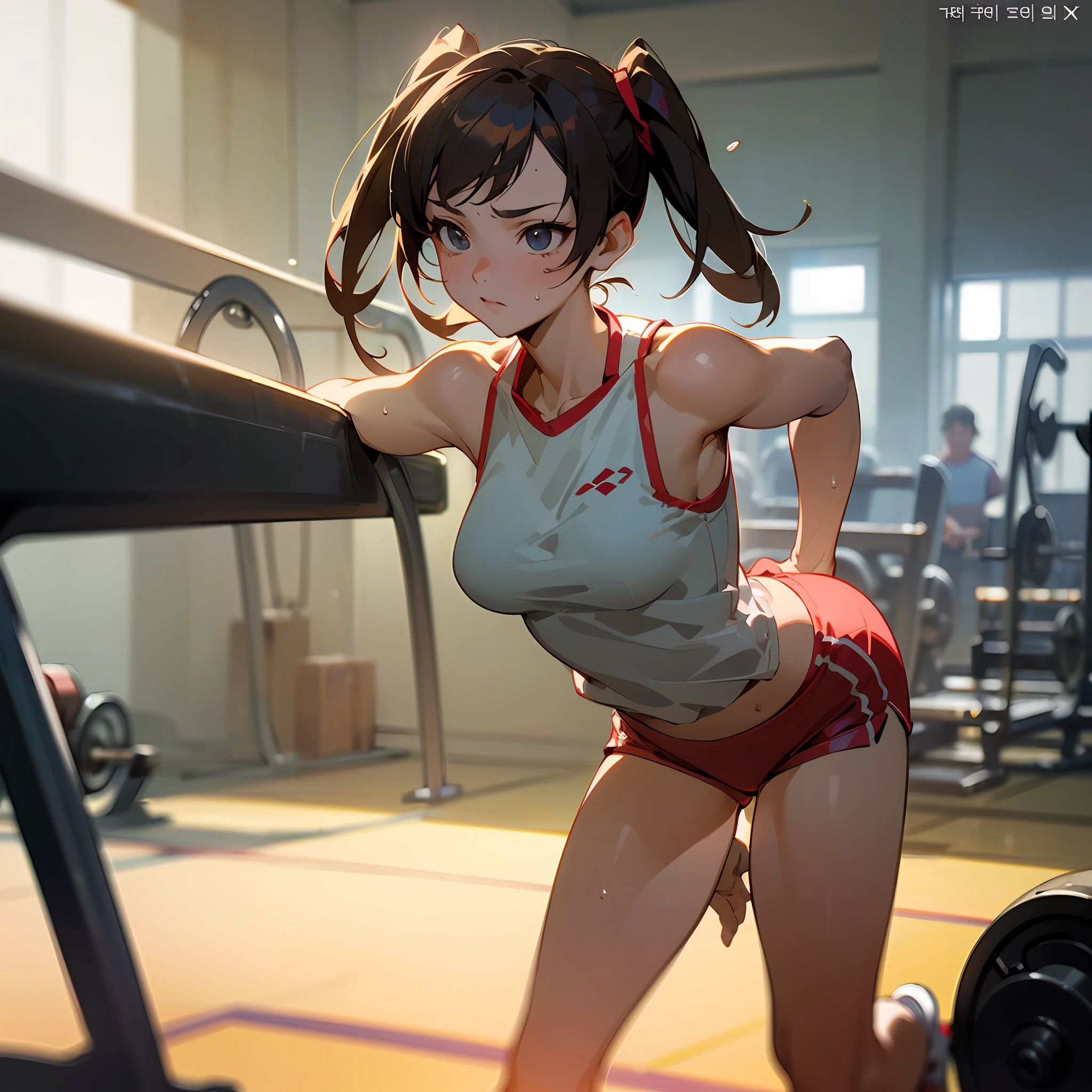 good hand, 4k, 1girl, ) a RAW portrait of a girl working out in the gym), perspiring, sweating, high resolution, masterpiece, best quality, head: 1.3, (Korean K-pop idol), chunli, twin tails, extremely cute and finely detailed skin, sharp focus, (cinematic lighting), collarbone, soft lighting, dynamic angle, [:(detailed face: 1.2): 0.2], thigh space, slim body, ((medium breasts)), full body, ((gym attire)), (gym shorts), tank top, gym background, gym equipment, (anime, official_art: 1.1), (anime screenshot: 1.1), (1girl, solo focus: 1.2), (fisheye: 0.9), ray tracing: 0.5, depth of field: 1.0, bokeh: 0.6, god rays: 1.0, vivid colors: 0.8, Cinematic hard lighting: 0.7, Realistic shadows: 1.2, --auto