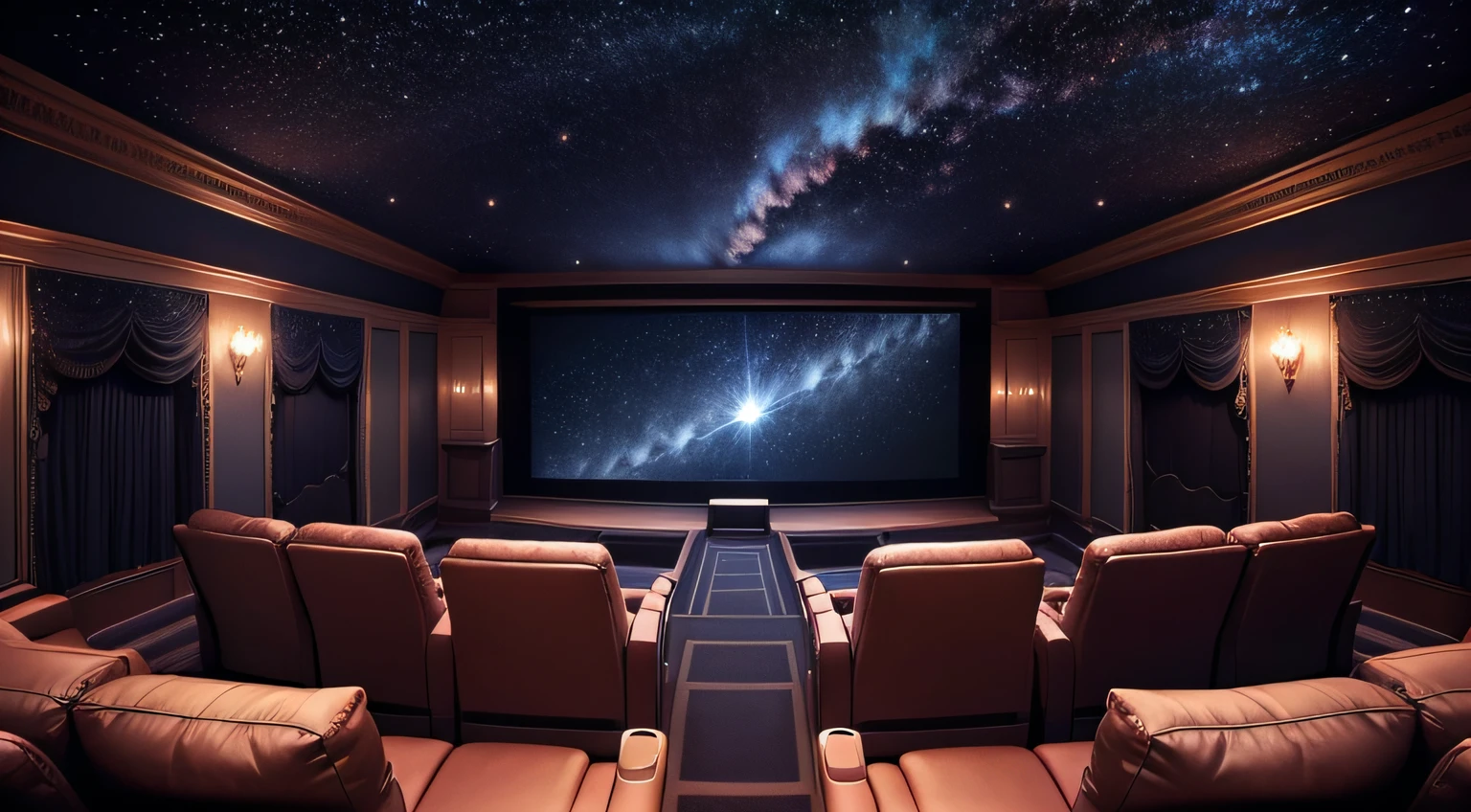 Home theater eight-seat sofa starry sky roof panorama large room projector renderings Perfect lighting effects Rich movie atmosphere Broad cinematic vision --auto