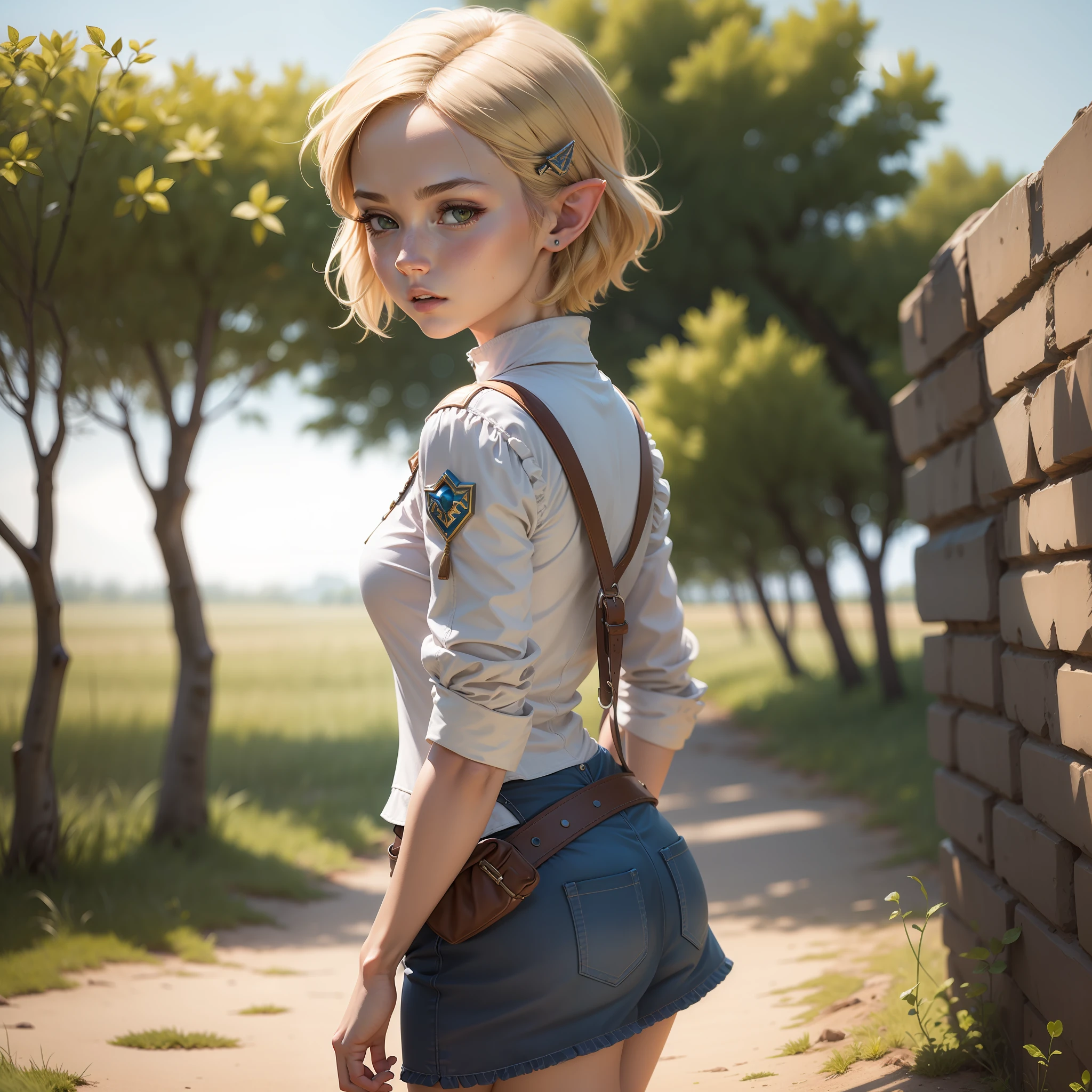 Zelda with short hair runs on the prairie