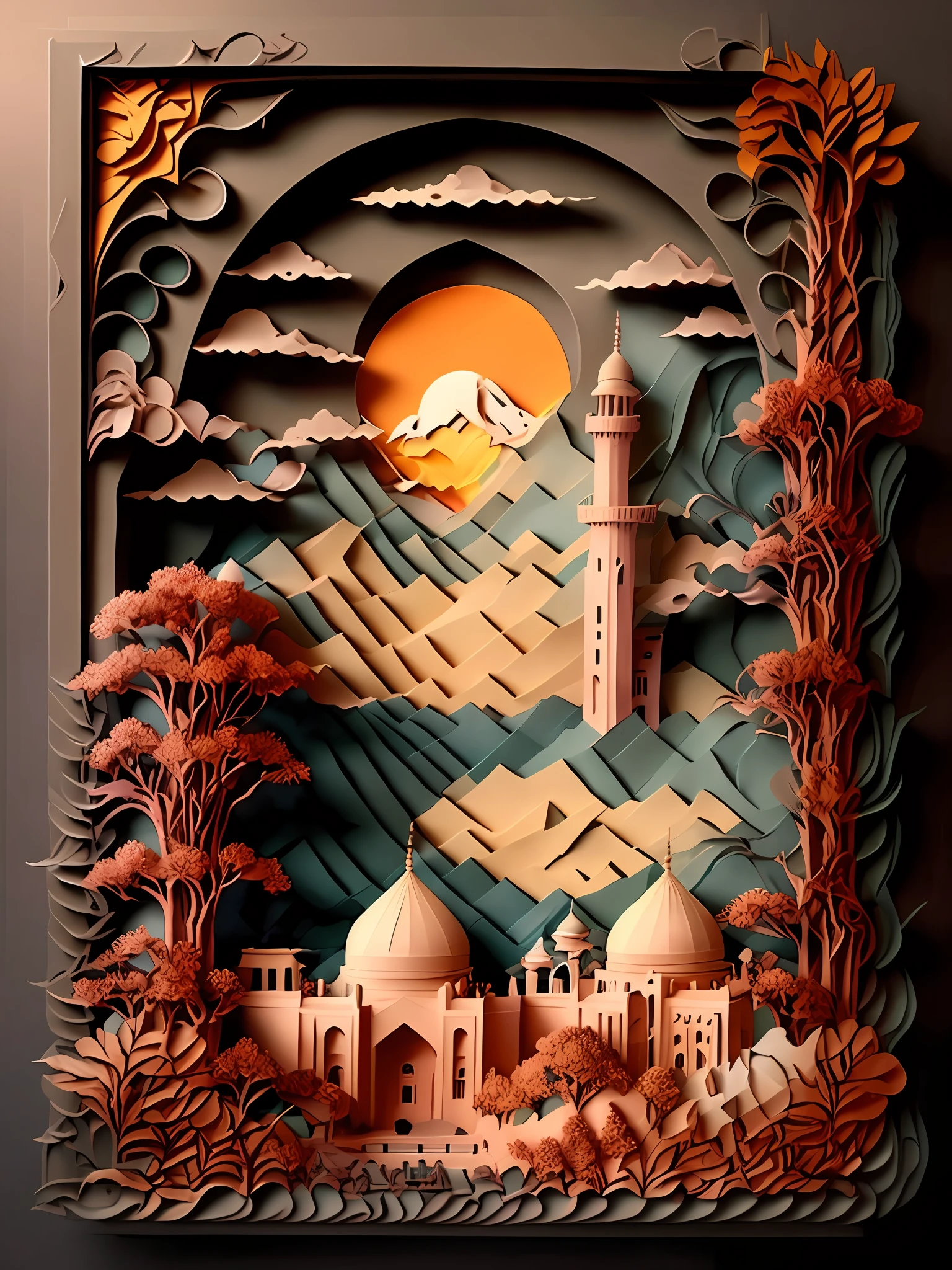 there is a picture of a paper cut of a mosque, persian folkore artstyle, layered paper art, persian folktale artstyle, paper art, scenery art detailed, intricate 3 d illustration, beautiful detailed scene, intricate scenery, highly detailed 3 d art, detailed dreamscape, paper cut art, intricate detail and composition, intricate detailed painting, detailed digital 3d art