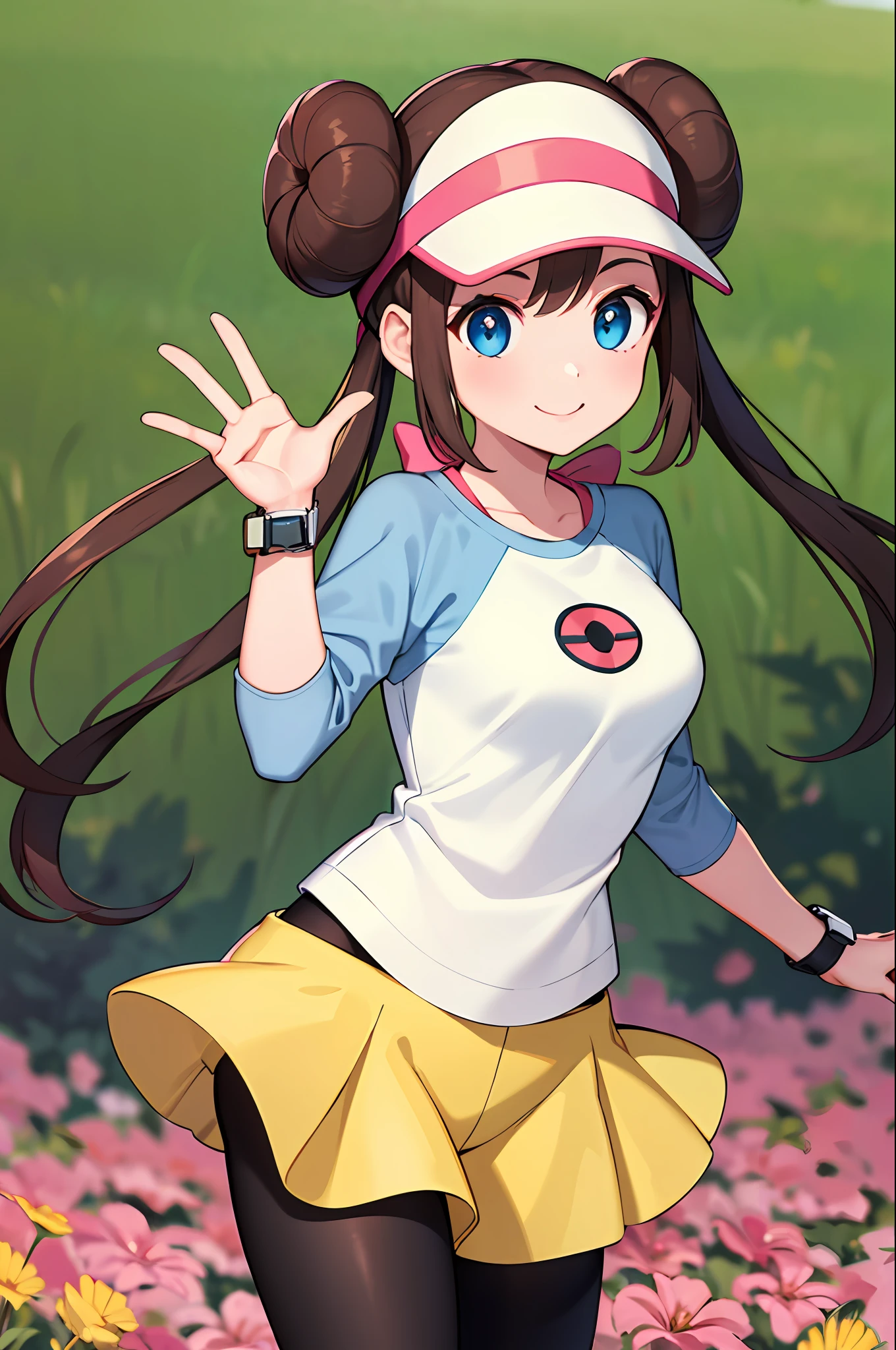 masterpiece, best quality, highres, ro1, hair bun, blue eyes, twintails, visor cap, pantyhose, raglan sleeves, yellow shorts, shirt, pink bow, wristwatch, medium breasts, standing, cowboy shot, field, smile, waving,