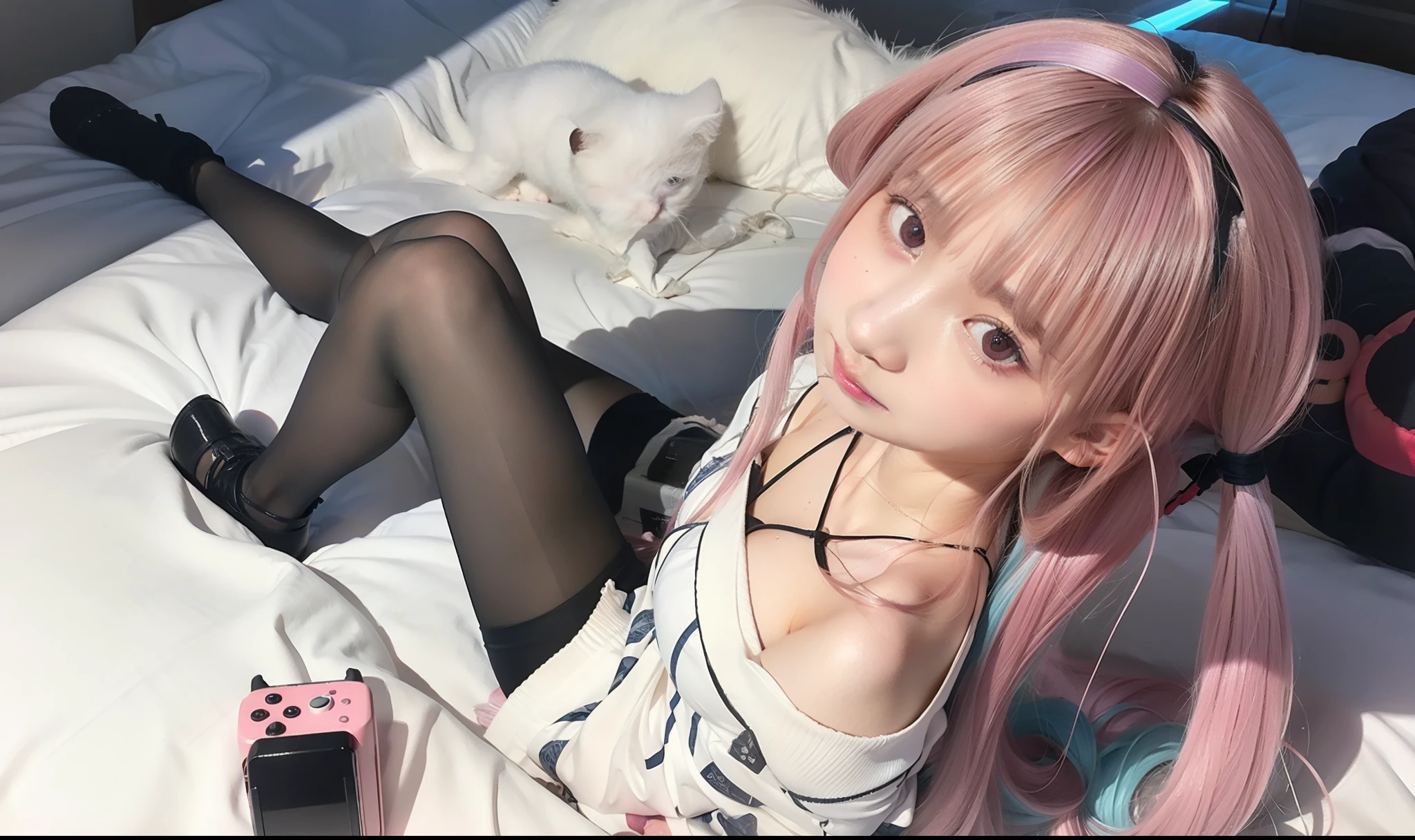 (masterpiece), (best quality), photorealism, realistic, ultra detailed, 8k resolution, (1girl), solo, beautiful, pink twintail hair, blue highlight hair, wearing cat ear hair band, minato aqua, front light, cinematic light, cold light, cosplay, minato aqua cosplay wearing sweater, vtuber, indoor, bedroom, lying on bed, thick breast, looking up, view from above, 15 years old, best propotional body, simetrical face, nintendo switch, beautiful eyes