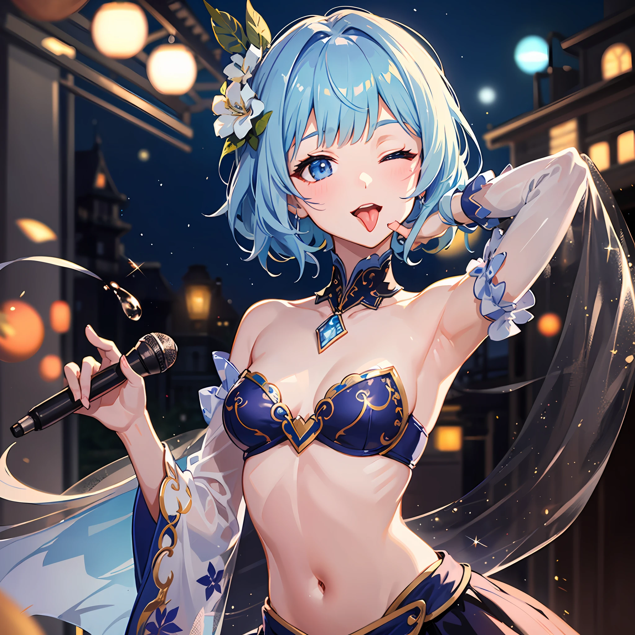 (masterpiece:1.3), (best quality:1.3), high resolution,
couboy shot,
head tilt, armpits, body facing forward, have a microphone,
(one cute girl:1.3), solo,
white skin, small Breast, eight-headed person,
light blue hair, (bobbed hair:1.2), short hair, (blunt bangs:1.2), beautiful hair, blue eyes, beautiful detailed eyes,
(tongue out:1.3), heart, cheerful smile, one eye closed,
Idol costumes, detached sleeves,
indoors, (night:1.2), beach, night sky, stage,
shadowlighting,