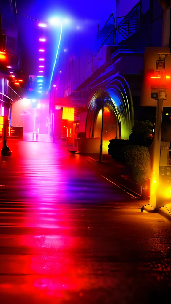 Dark city night view，Shoot at night，Neon lights all around，There is a fountain on the streets of Tel Aviv，Use the Sony A3 camera，Photograph street bus stops。