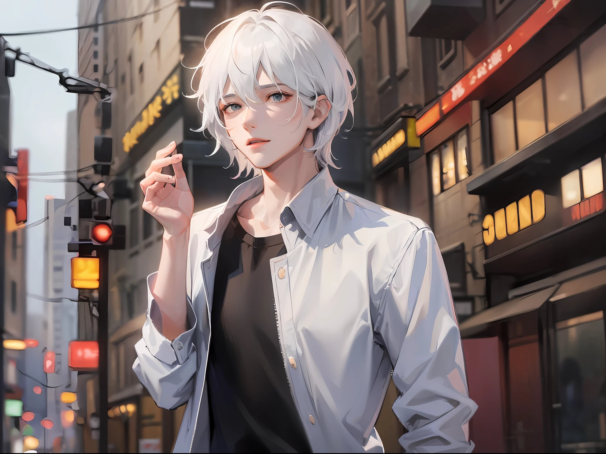 (k hd、Ultra-fine CG picture,Best picture quality、Fidelity)、(Best light and shadow effects,Very delicate and beautiful)、street、A young man and a man、The shirt,White color hair,独奏,short detailed hair,