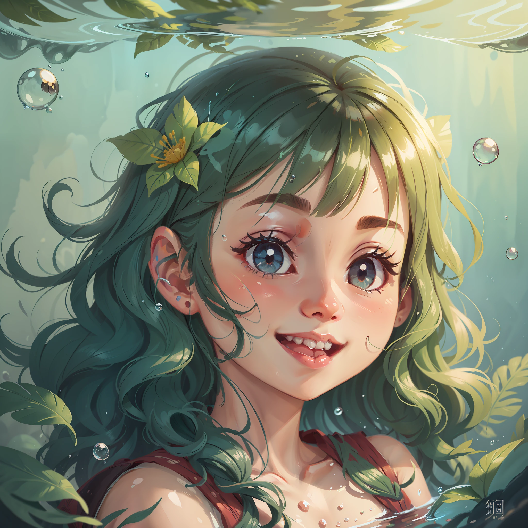 1 cute girl,closeup of face,portraitures,No Man,Under the water,water bubbles,Buble,higher details,Rich in color,adorable smile,最好质量,8K,high saturated