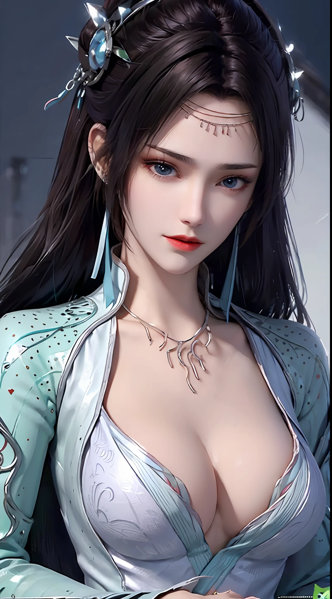 1 charming beautiful girl in hanfu dress, blue thin silk top with white patterns, white lace trim, purple-black long ponytail, hair jewelry, ear jewelry, necklace and necklace, big blue eyes meticulously drawn, meticulous makeup, thin eyebrows, high nose, pretty red lips, no smile, pursed lips, rosy cheeks, enlarged breasts, huge breasts, well-proportioned breasts, slim waist, mesh stockings blue, loose hand, chinese hanfu style, fictional art textures, vivid and realistic colors, RAW photos, realistic photos, ultra-high quality 8k surreal photos, (great lighting effects) awesome: 1.8), 10x pixels, magic effect (background): 1.8), super detailed eyes, girl upper body, girl portrait, girl alone, hanfu history background,