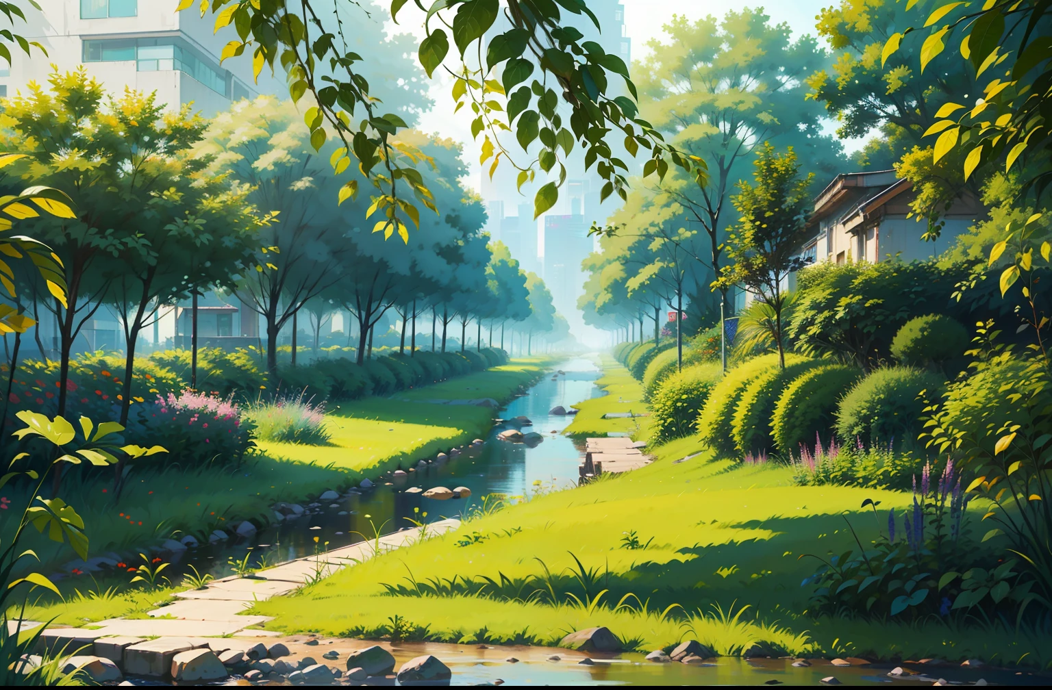 abstract painting of trees street, cyberpunk, vivid colors