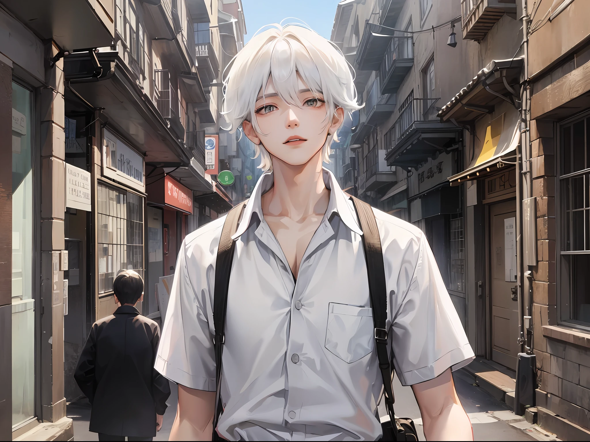 (k hd、Ultra-fine CG picture,Best picture quality、Fidelity)、(Best light and shadow effects,Very delicate and beautiful)、street、A young man and a man、The shirt,White color hair,独奏,short detailed hair,