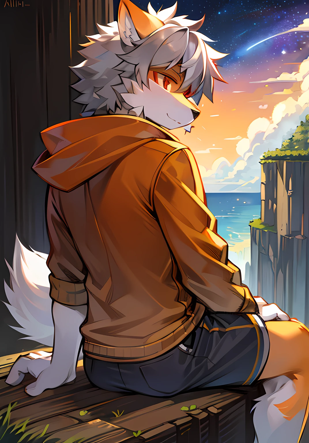 eyes with brightness,in a panoramic view,Character focus,独奏,shaggy,shaggy male,malefocus,anthr,Back Shadow,(Full body fur,Fluffy tail,Off-white fur,Orange-red eyes,Gray hair,Orange coat,grey shorts:1.2)Sitting on the edge of a cliff,Look at the galactic starry sky:1.4