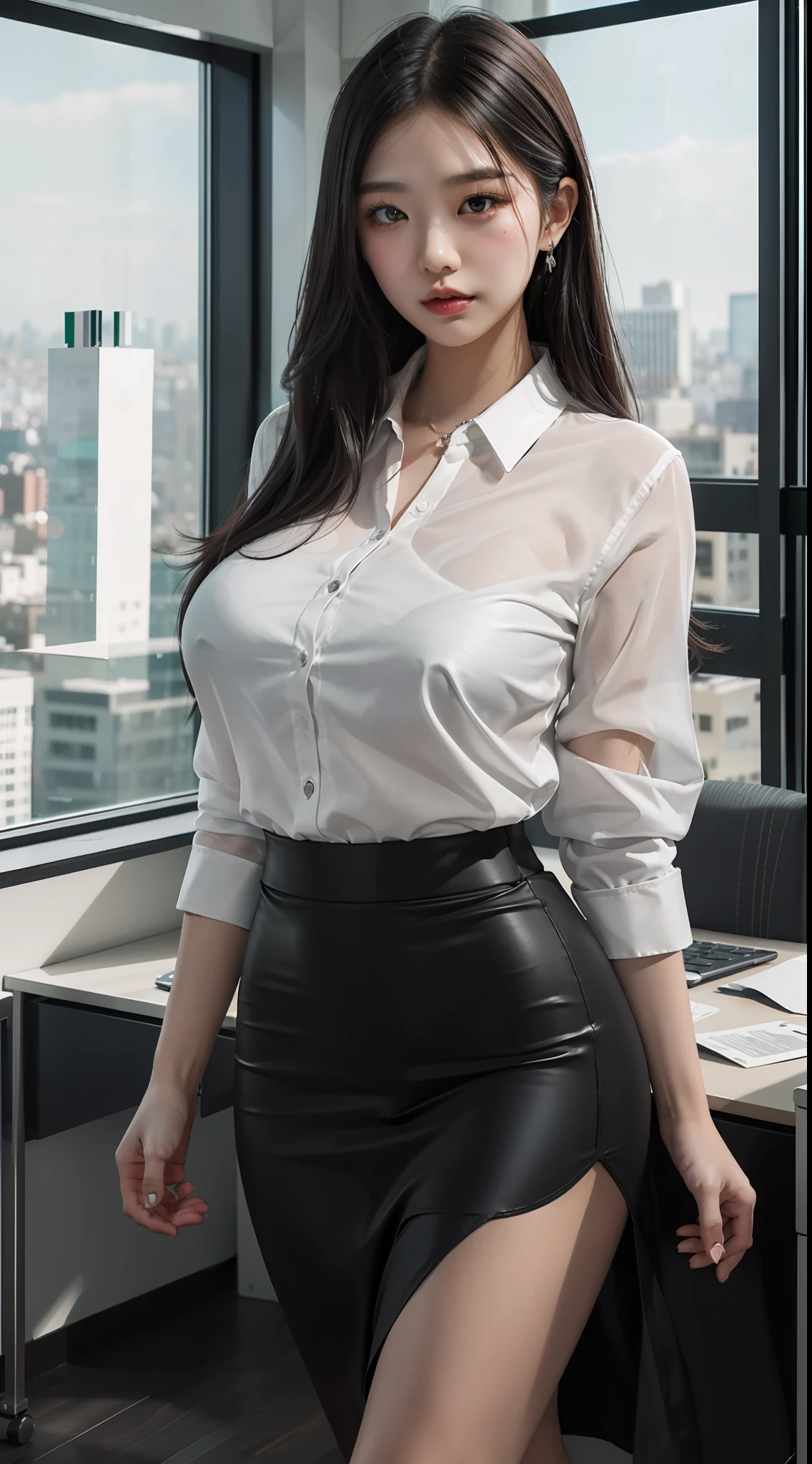 ((midynight, Need, 8K, tmasterpiece:1.3)), full bodyesbian, Long legs, Focalors:1.2, perfect figure beautiful woman:1.4, Slim abs:1.1, ((Dark brown hair, huge tit:1.2 )), (white tight shirt, Office uniforms,Black silk skirt, standing on your feet:1.2), ((city night scene,Office floor-to-ceiling windows:1.3)), Highly detailed facial and skin texture, A detailed eye, largeeyes,cute face,Alafeld Asian woman posing for photo wearing shirt and short black silk skirt, very sexy outfit, Sexy style, Asian, Sexy girl, Sexy outfit, sexy body and sexy abdomen, spellbinding,spellbinding, Sexy look, stunning high tech, hot petite,, revealing outfit, seductive and powerful, Jaw-dropping beauty, seductive lady
