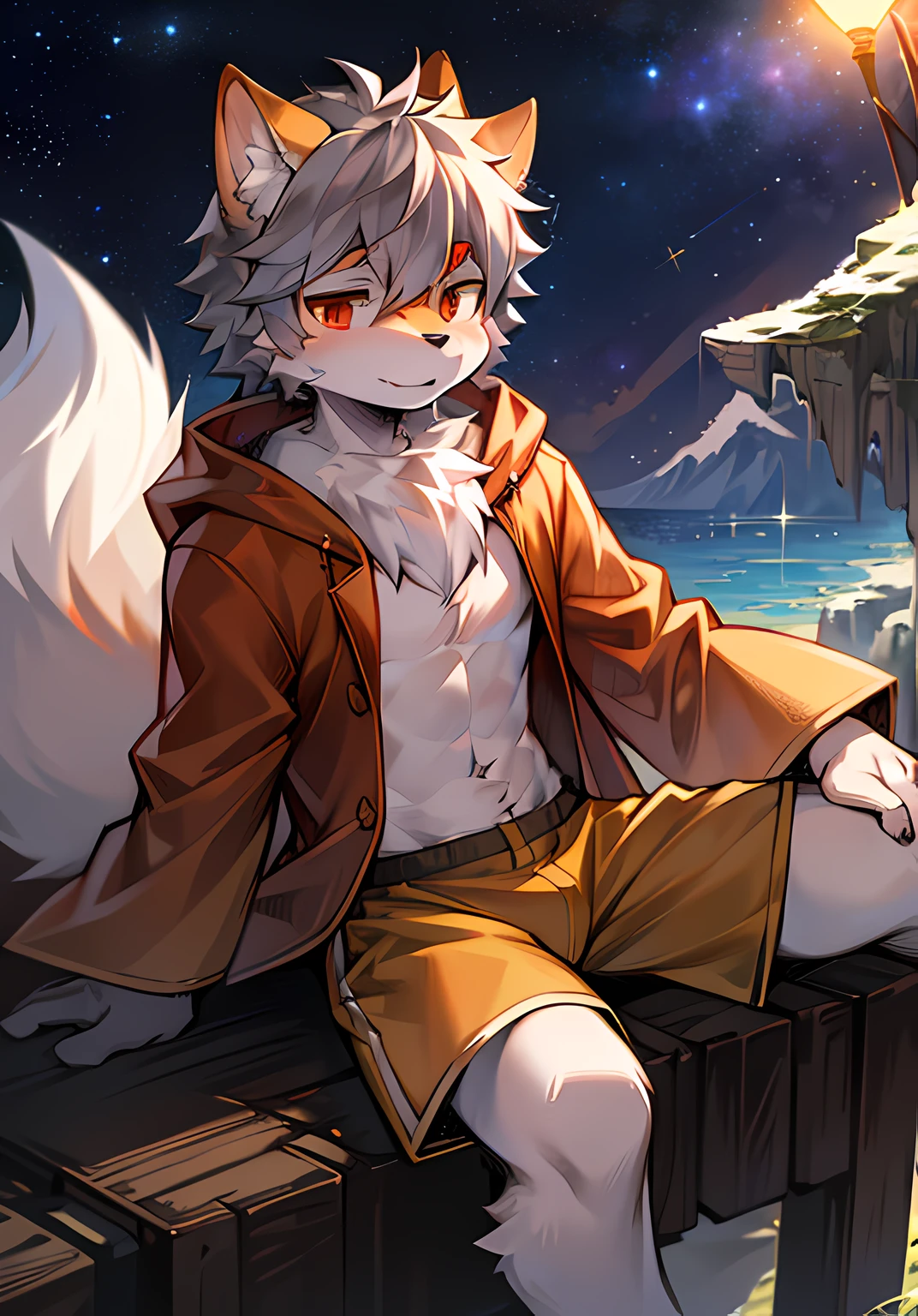 eyes with brightness，in a panoramic view，Character focus，独奏，shaggy，shaggy male，malefocus，anthr，Back Shadow，（Full body fur，Fluffy tail，Off-white fur，Orange-red eyes，Gray hair，Orange coat，grey shorts：1.2）Sitting on the edge of a cliff，Look at the galactic starry sky：1.4