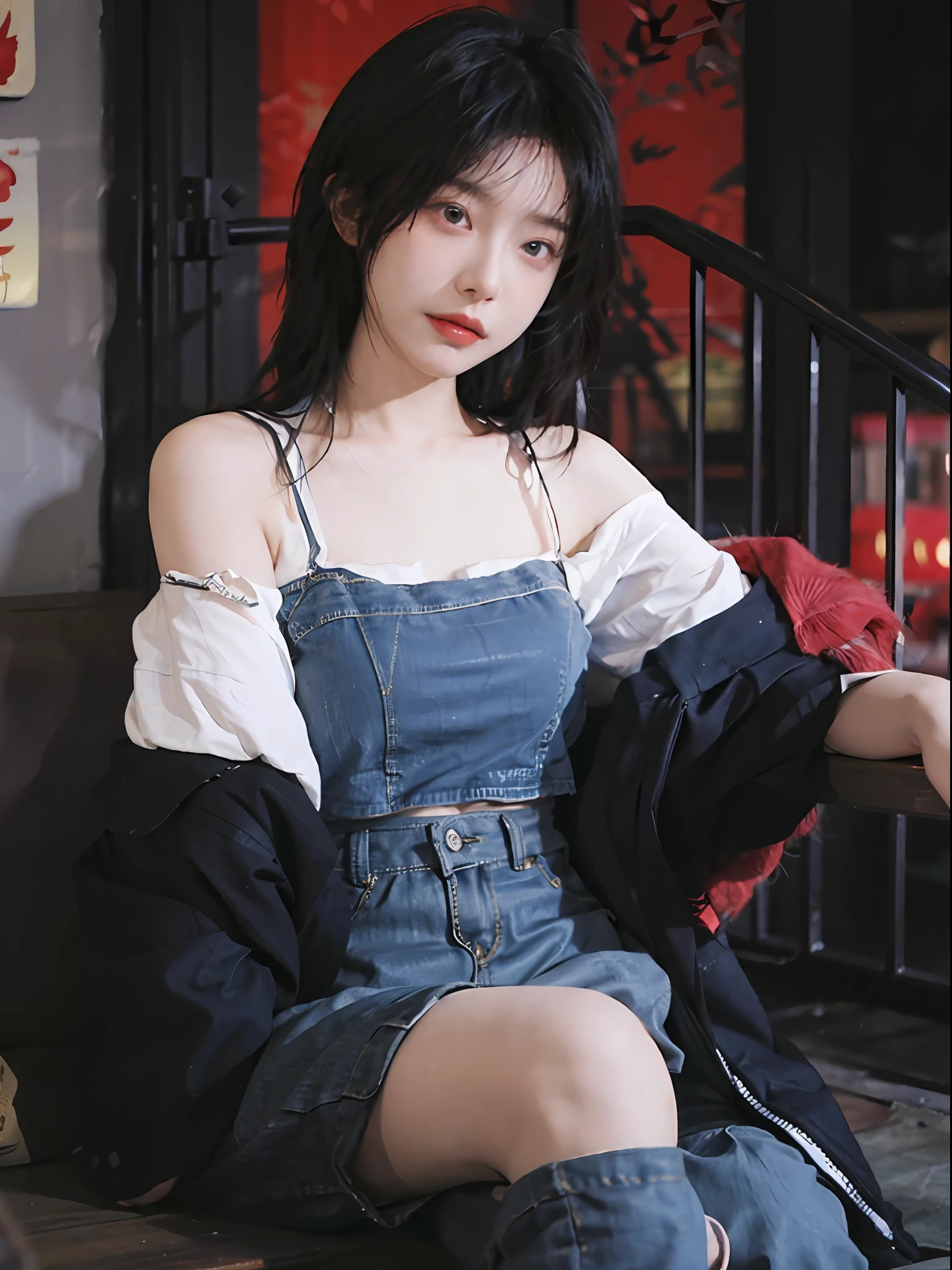 best qualtiy,tmasterpiece,超高分辨率,(true to life:1.4),1girll,Raised sexy,(Open black coat),(Red off-the-shoulder top:1.5),Red off-the-shoulder top,(red colour),(denim short:1.5)(Evening atmosphere:1.5), (natta),Glowing skin,A detailed eye, 二重まぶた,long whitr hair,White skin of the,Sitting charmingly on a tall building, Upper body photo