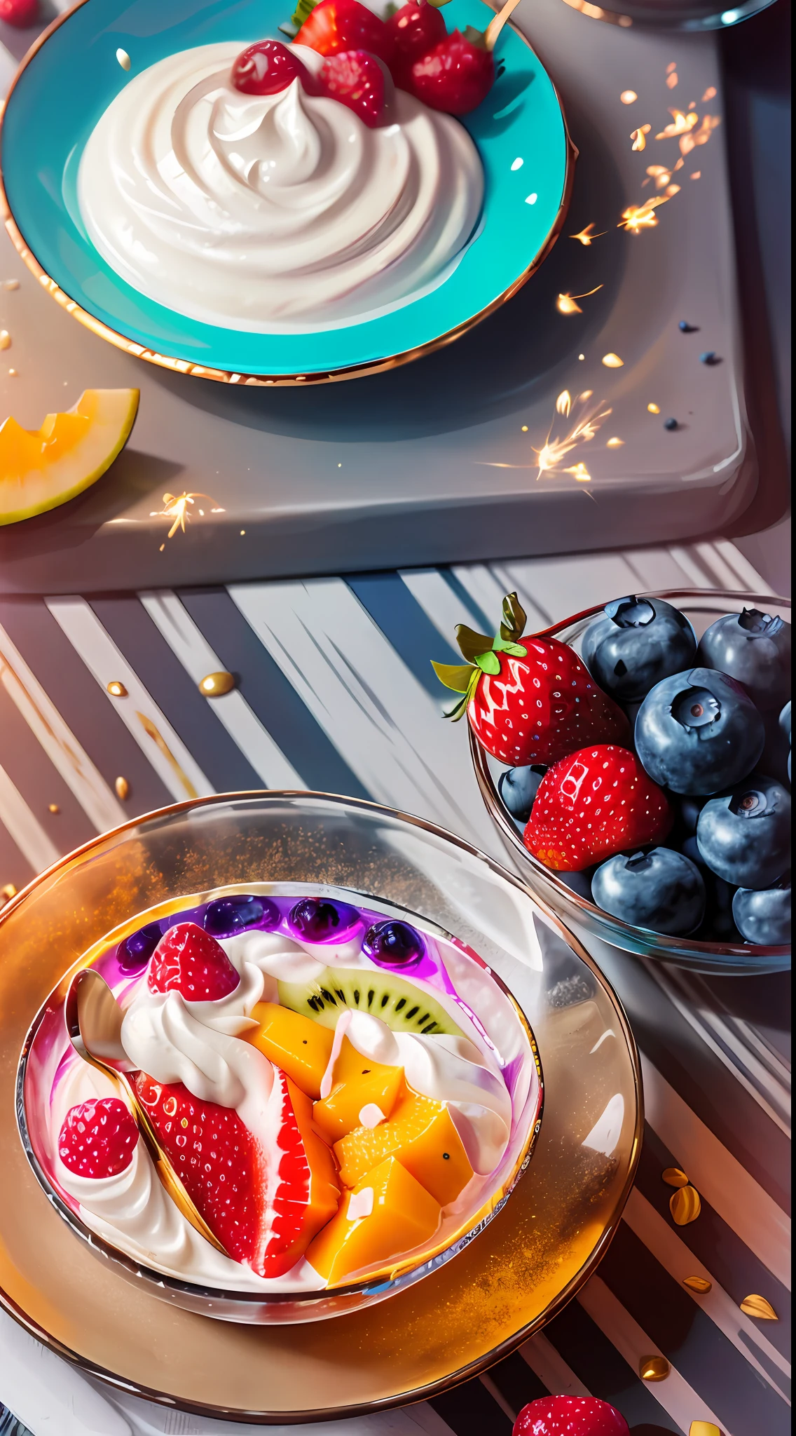 Healthy breakfast. Faceted glass, crystal, mother-of-pearl shimmers, Multi-colored highlights, Different play of light, Berry yogurt, CocktailWorld, scenery, landscape, Street, Depth of field , ((blurred background)), Masterpiece, Best Quality, ultra detail, (((Multi-layered jelly))) glass, stained glass windows, Multi-colored sparks glare, tmasterpiece, Top Quality, Experience, Chic, Boho-chic, a gold, utensil, kettle, a cup, plate, crystals, with floral print,1 cup milk yogurt) 1 teaspoon vanilla extract of your choice, Chopped fresh fruits (For example, strawberries, kiwi, mango, blackberry, raspberry, cherry, carambola, blueberries, etc.) Marengo, coffee