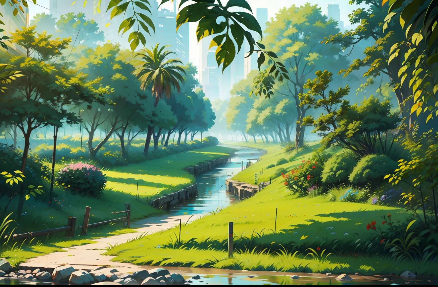 abstract painting of  trees   street,  cyberpunk, vivid colors