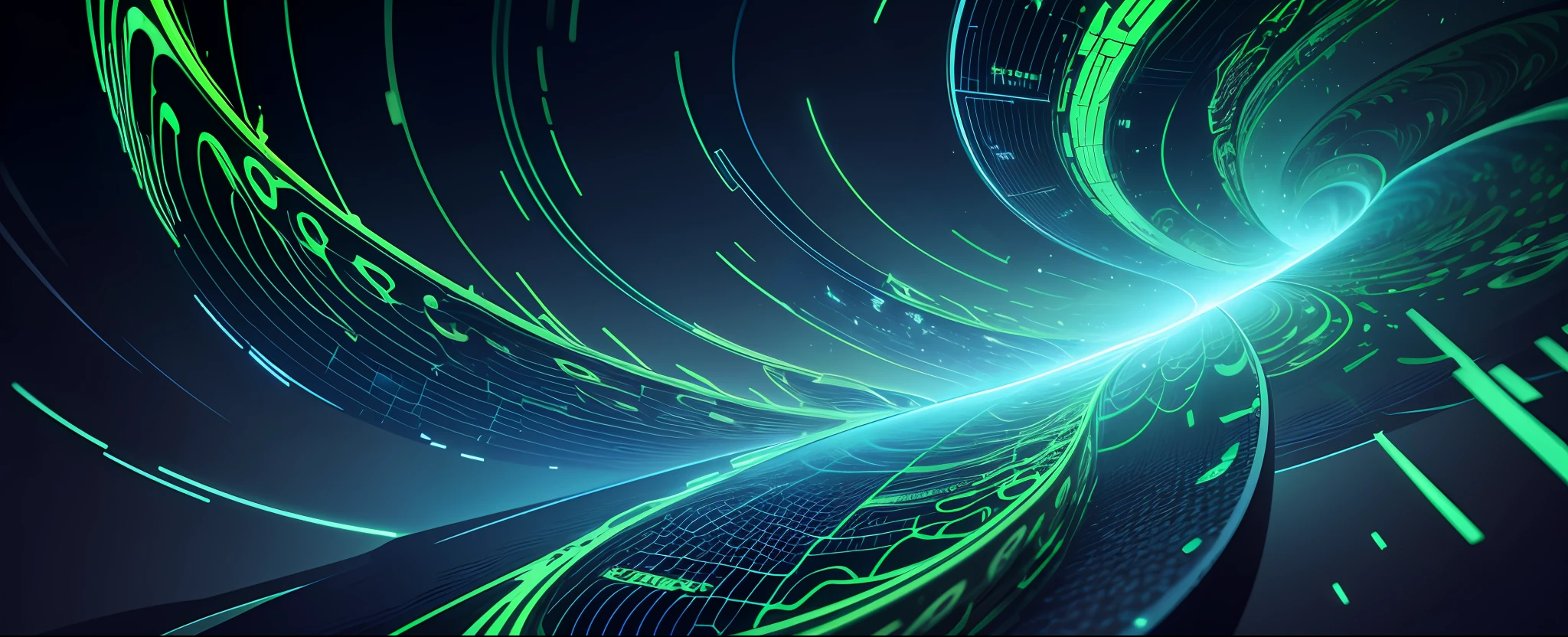 particle waves, eddy, beautiful cosmic neural network, glowing tiny blue lines, coherent image, smooth vector lines, fine swirling lines, infinite quantum waves, Flowing lines, glowing lines,green color,eco,Combined with the forest,lawns --auto