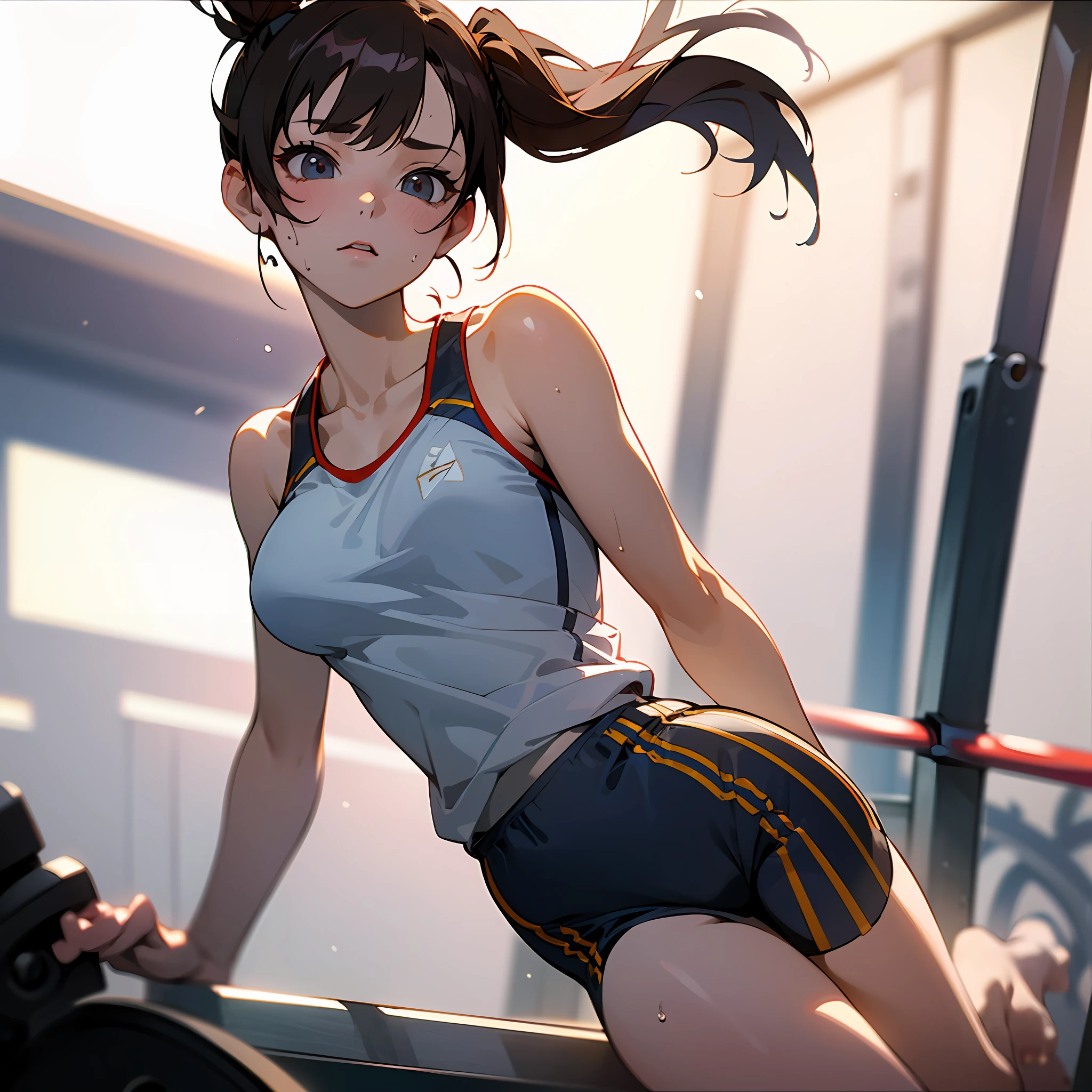 good hand, 4k, 1girl, ) a RAW portrait of a girl working out in the gym), perspiring, sweating, high resolution, masterpiece, best quality, head: 1.3, (Korean K-pop idol), chunli, twin tails, extremely cute and finely detailed skin, sharp focus, (cinematic lighting), collarbone, soft lighting, dynamic angle, [:(detailed face: 1.2): 0.2], thigh space, slim body, ((medium breasts)), full body, ((gym attire)), (gym shorts), tank top, gym background, gym equipment, (anime, official_art: 1.1), (anime screenshot: 1.1), (1girl, solo focus: 1.2), (fisheye: 0.9), ray tracing: 0.5, depth of field: 1.0, bokeh: 0.6, god rays: 1.0, vivid colors: 0.8, Cinematic hard lighting: 0.7, Realistic shadows: 1.2, --auto