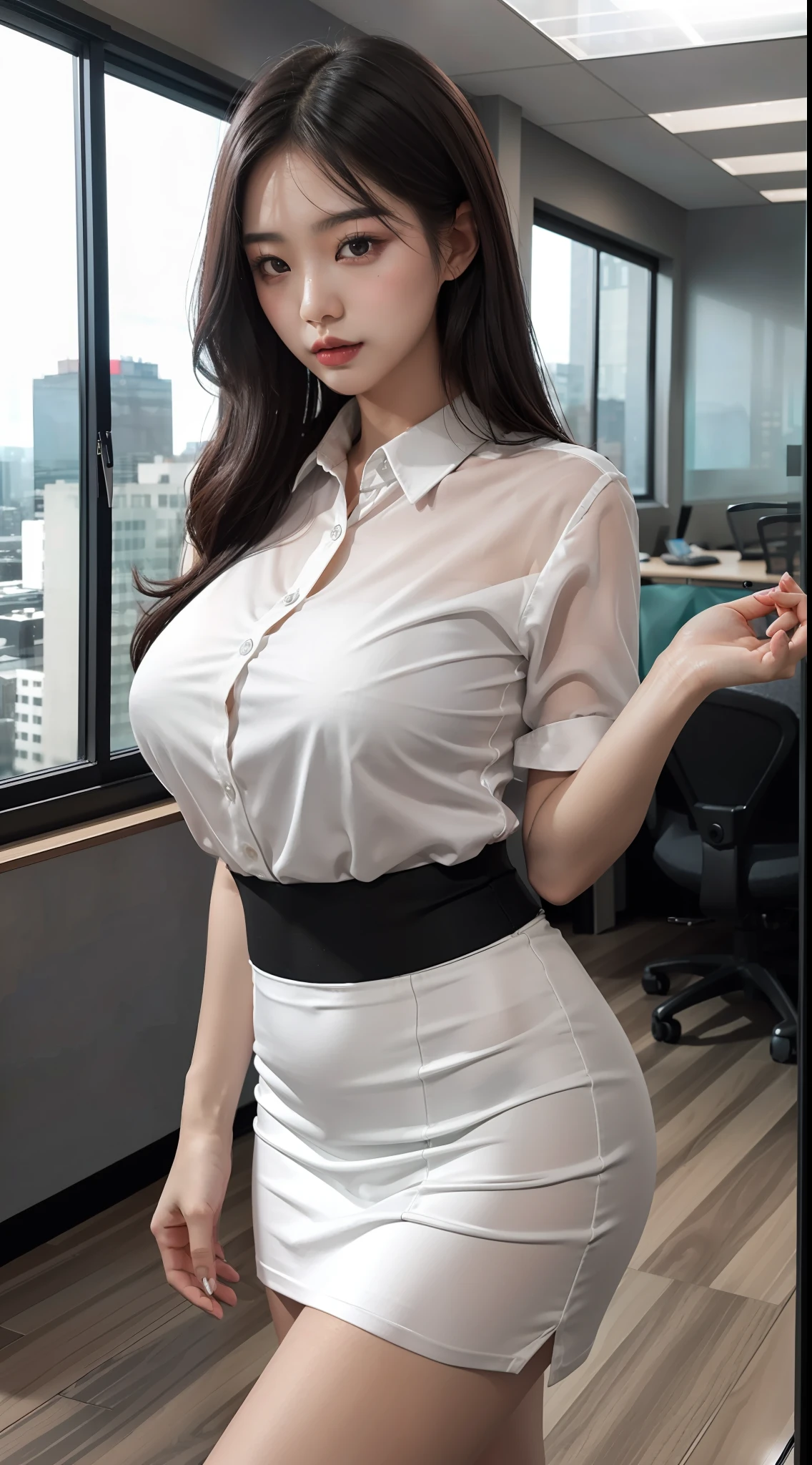 ((midynight, Need, 8K, tmasterpiece:1.3)), full bodyesbian, Long legs, Focalors:1.2, perfect figure beautiful woman:1.4, Slim abs:1.1, ((Dark brown hair, huge tit:1.2 )), (white tight shirt, Office uniforms，Black silk skirt, standing on your feet:1.2), ((city night scene,Office floor-to-ceiling windows:1.3)), Highly detailed facial and skin texture, A detailed eye, largeeyes，cute  face，Alafeld Asian woman posing for photo wearing shirt and short black silk skirt, very sexy outfit, Sexy style, Asian, Sexy girl, Sexy outfit, sexy body and sexy abdomen, spellbinding，spellbinding, Sexy look, stunning high tech, hot petite,, revealing outfit, seductive and powerful, Jaw-dropping beauty, seductive lady