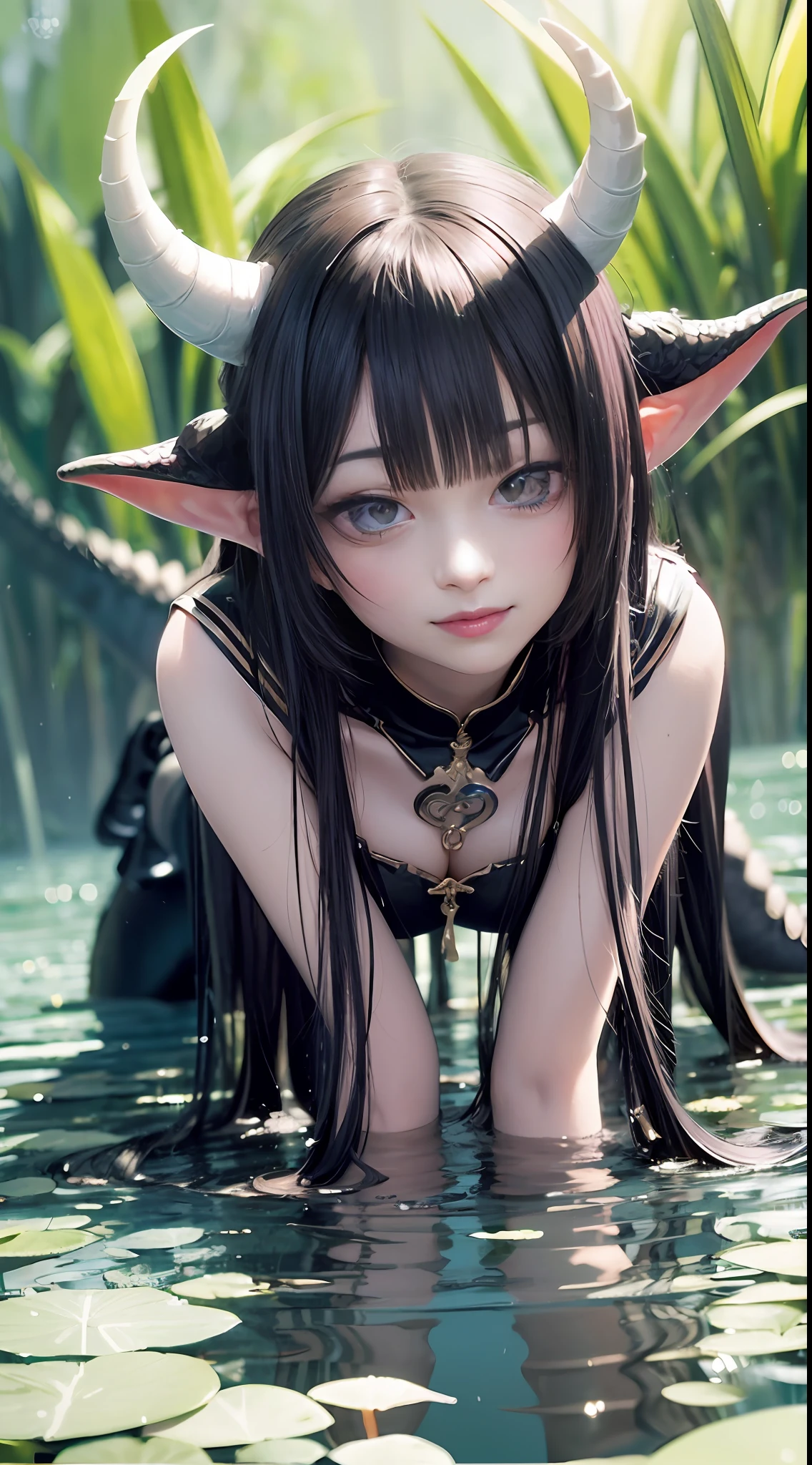 Long dragon scales on all fours,With a petite figure, Black dragon scales,under the water, in the early morning,Cute girl,white skinned, Black hair, dual horsetail, Dragon horns, long and pointed ears, Close-up, A high resolution,unholy,Open legs,Charming,ellegance,ssmile,looking to the camera,