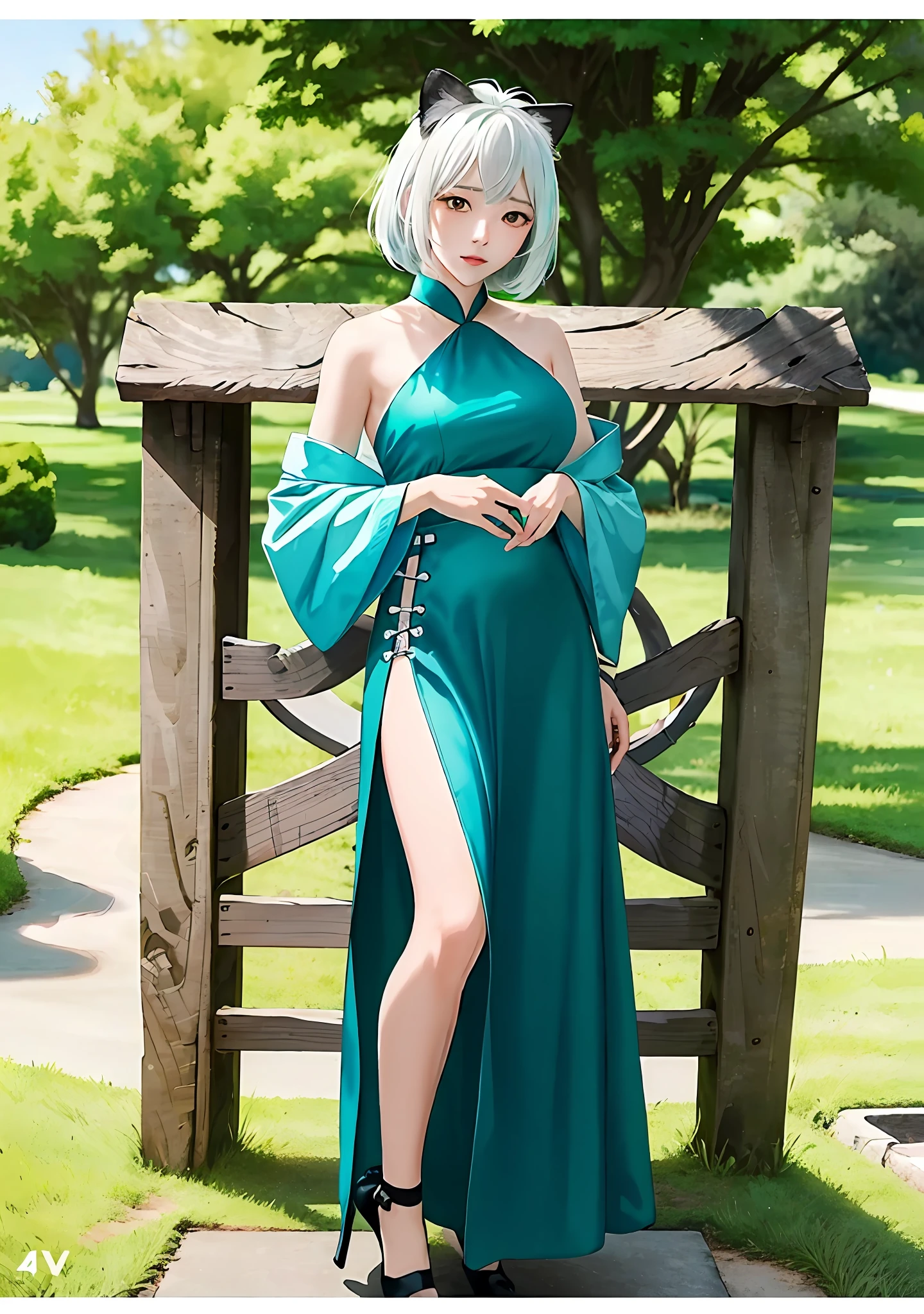 cute anime catgirl, Anime moe art style, beautiful anime catgirl, nekomimi，anime girl with cat ears, Very beautiful anime cat girl, thicc, style of anime4 K，Belle peinture de personnage，Guviz，Guviz-style artwork，White-haired god，Yang J，Epic and beautiful character art，Stunning character art，FAN Qi，Wu Zhun Shifan，Guvitz at the Pixiv Art Station，Traditional Chinese painting, lotuses, Hanfu, maxikit, Dress conservatively 1girl, Solo,standing on your feet,