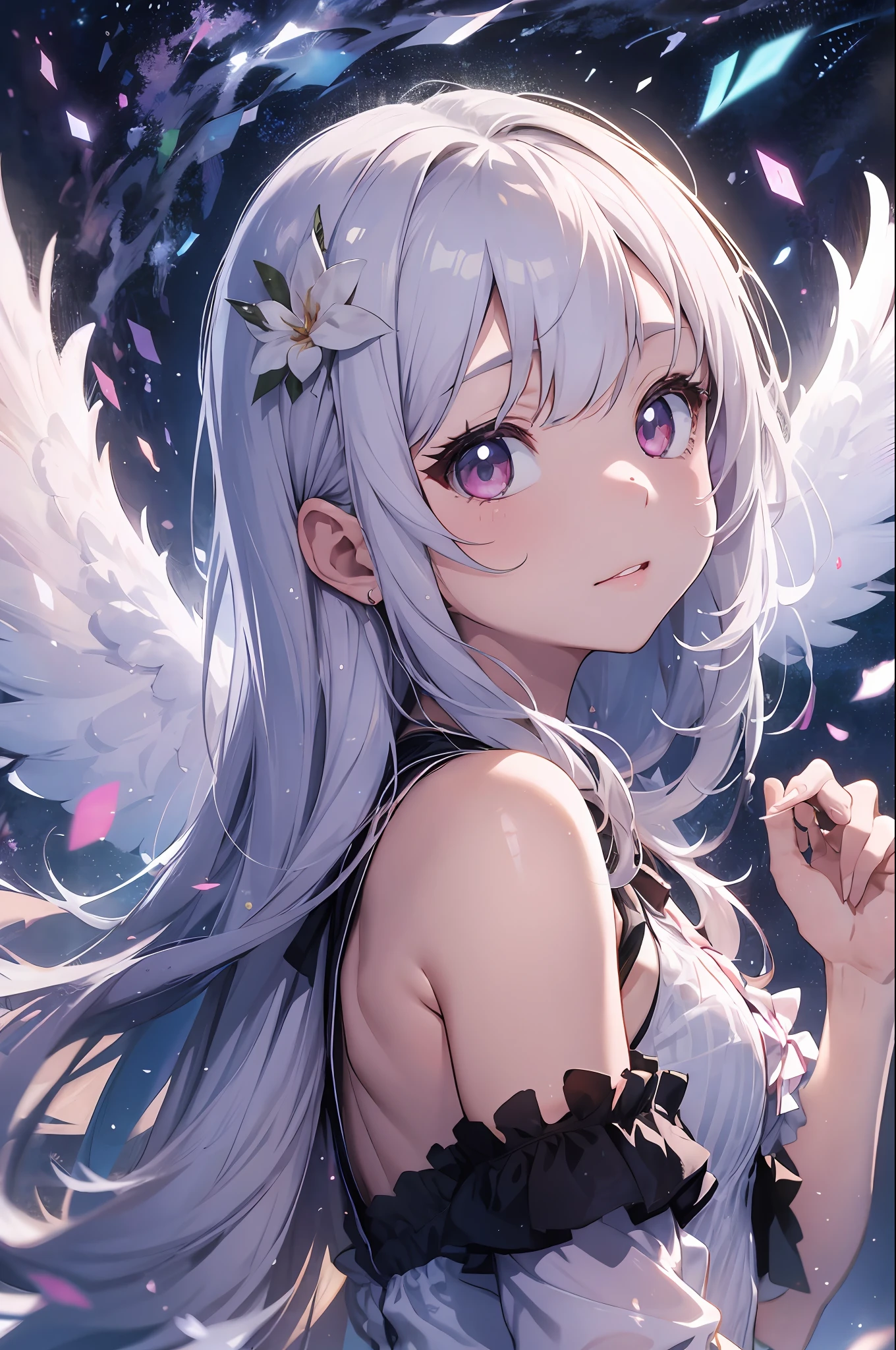 beste Quality、女の子 1 人、sora、Land of Angels、colorful strands of hair、cuddly 、the anime、Sheer white skin、Asian Girls、total body、junior high school student、14歳、Shines、Quiet child、High Contrast、Tempting、sensual、angelic、Glowing on the back２Angel Wings、A ring that glows horizontally above your head、The top of the head is silver hair and the tips are pink、White attire、seethrough
