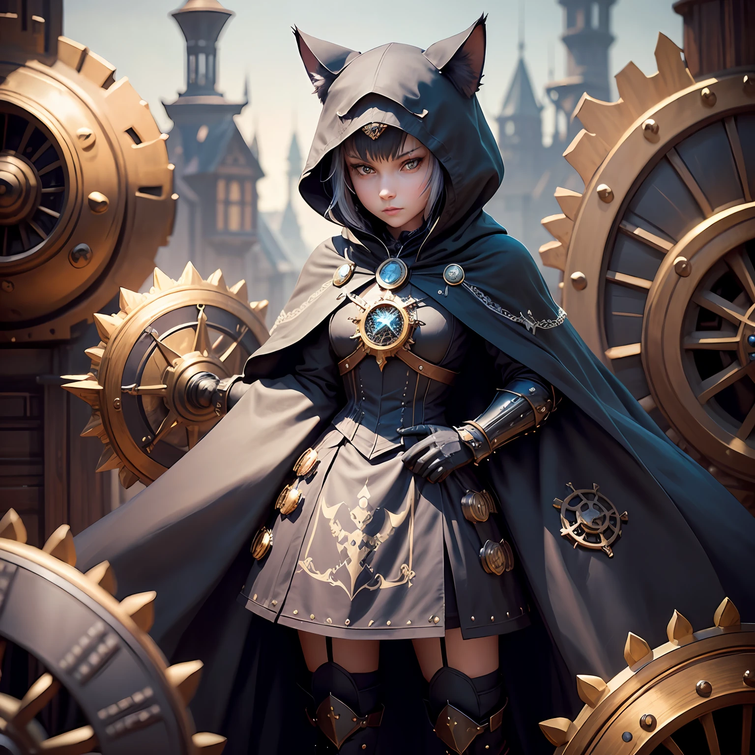 armour,Black cat anthropomorphic,Cloak,medieval times,steampunc,gear wheel,crystal --auto