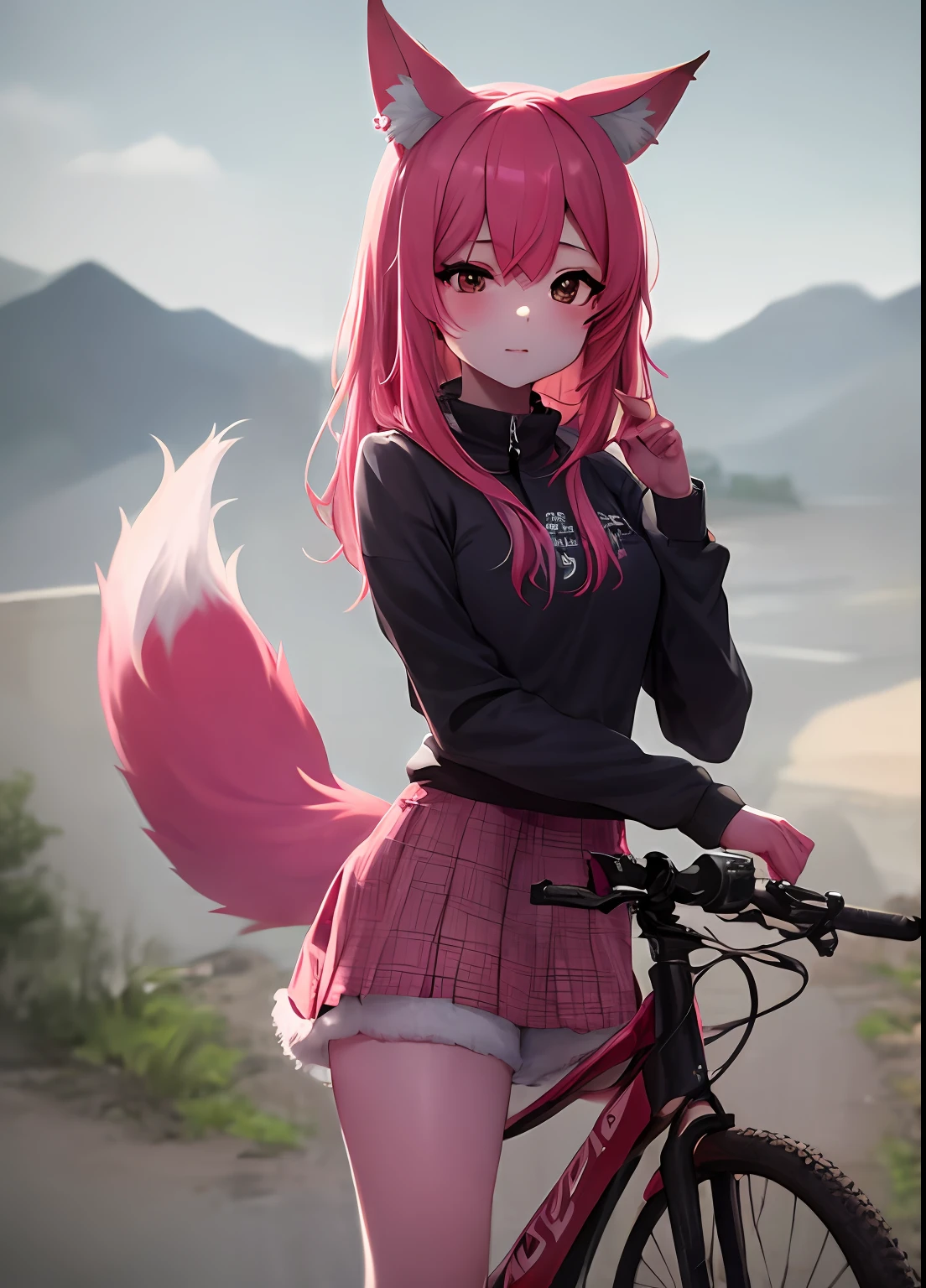 Nazuna Hiwatashi, 1girl, do lado de fora, 独奏, Pink hair, bodyfur, fox ear, fox tails, A high resolution, Wear clothes, hairy pubic, tack sharp focus, Superskirt, Colorful, The upper part of the body，Mountain biking，Mountain tops，