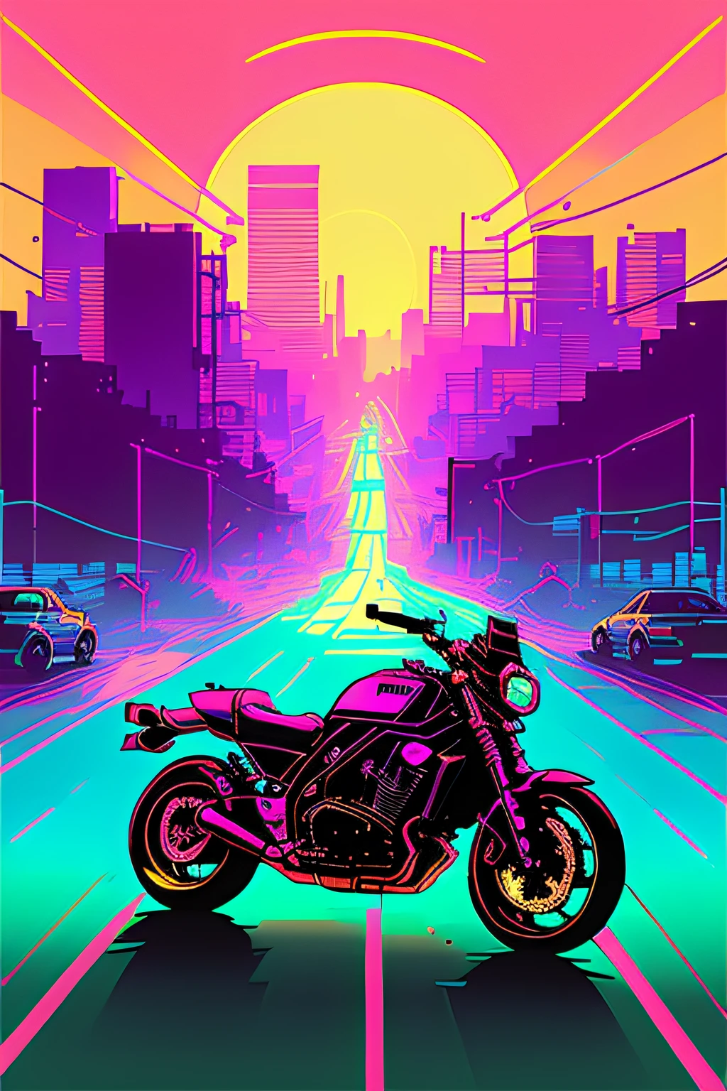 (nvinkpunk:1.2) snthwve style motorcycle, light wave, sunset, intricate, very detailed