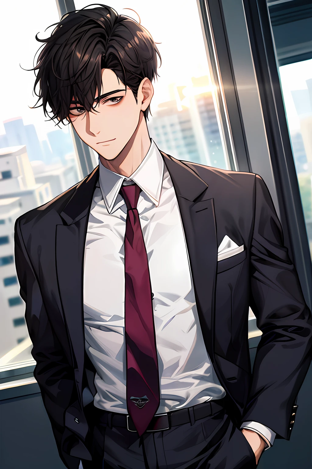 1boy, face focus, adult, business suit, jacket, white shirt, necktie, pants, best quality, hires, detailed face, office, buildings from window, detailed background, diffused sunlight, depth of field, bokeh