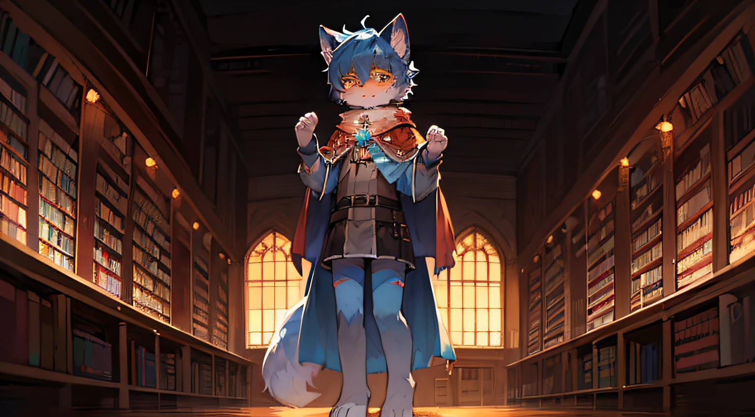 (ambiente dark:0.8),Masterpiece,High quality,abstract res,Digital painting\(artwork of a\), by Dagasi, Yupa,Kiyosan,(anthro,Fluffy fur,Character focus:1.1),anthro male cat,Short hair,Portrait,Shy, eyes with brightness, in a panoramic view, Character focus.(detailedbackground:0.7), 独奏, shaggy, shaggy male, malefocus, anthr,(Full Body Furry, Fluffy tail, Light blue fur,Amber eyes, blue hairs:1.2), (long canines、magestic、Magic cloak:1.2),(interiors、the night、libraryai:1.1)