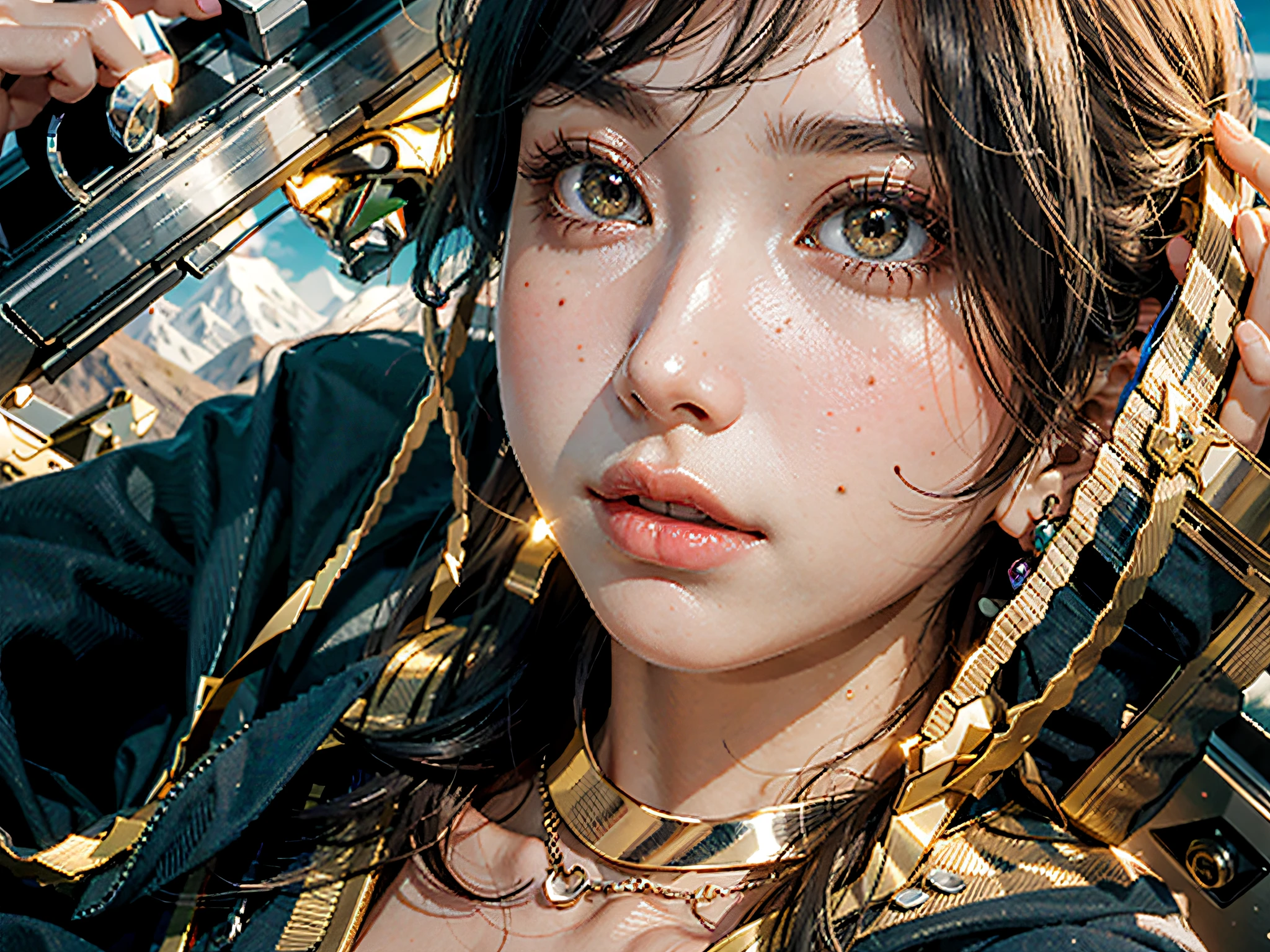 BREAK, 1girl, solo, looking at viewer, flat bangs, (young cute beautiful 18-year-old girl:1.1), 3d face, beautiful girl, Beautiful face, pretty, girlface, kpop idol,  supermodel, stunning innocent symmetry face, (hand of Guido Daniele), perfect body, medium breast, slim waist, slim legs, (high detailed skin:1.2), glowing eyes, goddess, natural skin texture, shiny skin, White skin, Beautiful detailed face, detailed face, real skin texture, cute delicate face, finely detailed face, golden ratio, golden ratio face, expressive eyes, perfect face, perfect skin, flawless face, clear face, shiny hair, pale skin, Proper body proportion, perfect ???????, realistic skin texture, luscious lips, glossy lips, natural makeup, beautiful bright pupils, slender figure, intricate eyes, detailed pupils, detailed face and eyes, longeyelashes, blush, good hand, perfect hands, pretty face, beautiful female bodies, finely detailed skin, oily shiny skin, BREAK, (((((gems, A forbidden castle high up in the mountains, pixel art, game art, key visual, surreal)))), BREAK, (PureErosFace_V1:0.5), (ulzzang-6500:0.5), (kbxll:0.6),