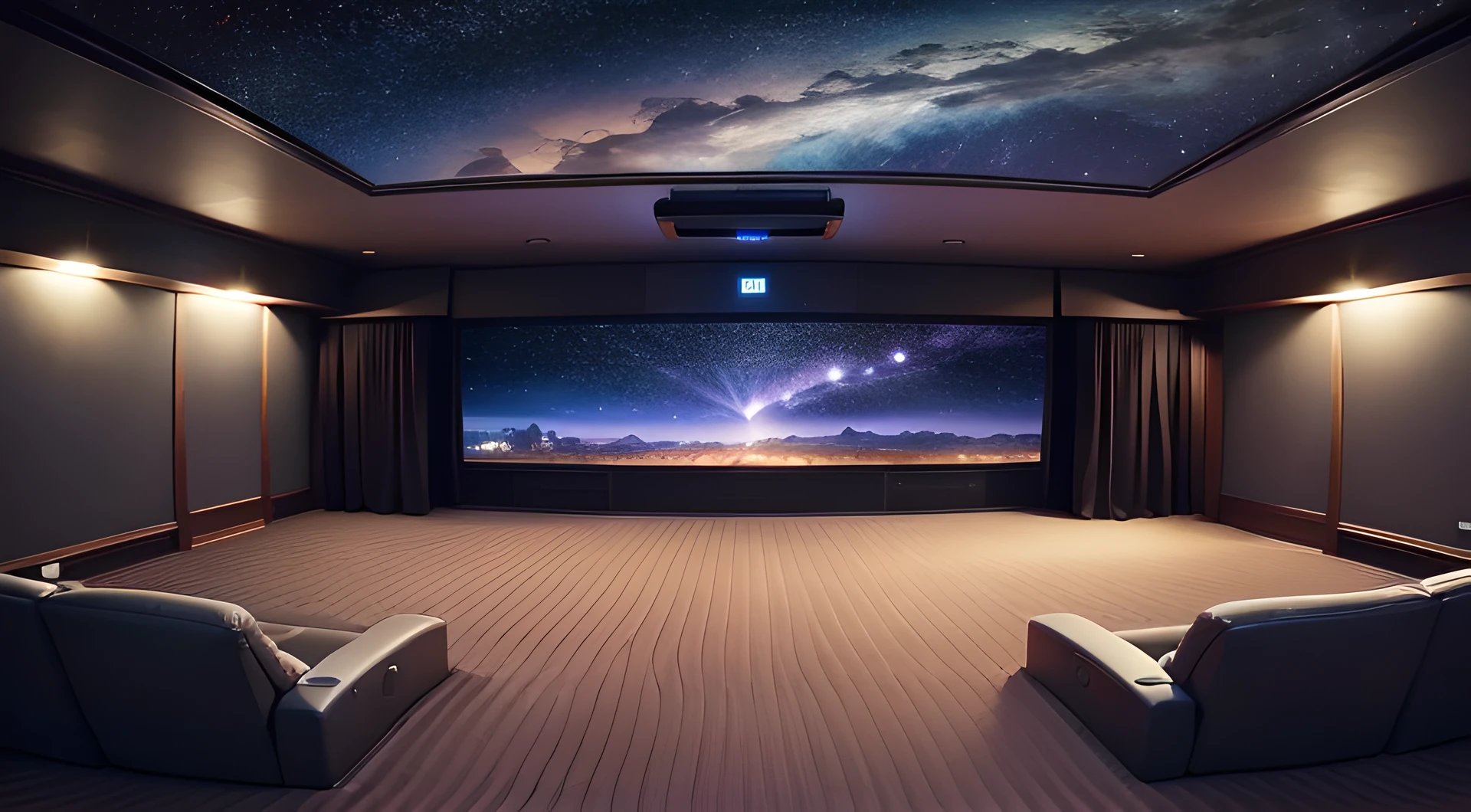 Home theater, wide angles, Starry roof, intelligent, in a panoramic view, Simple