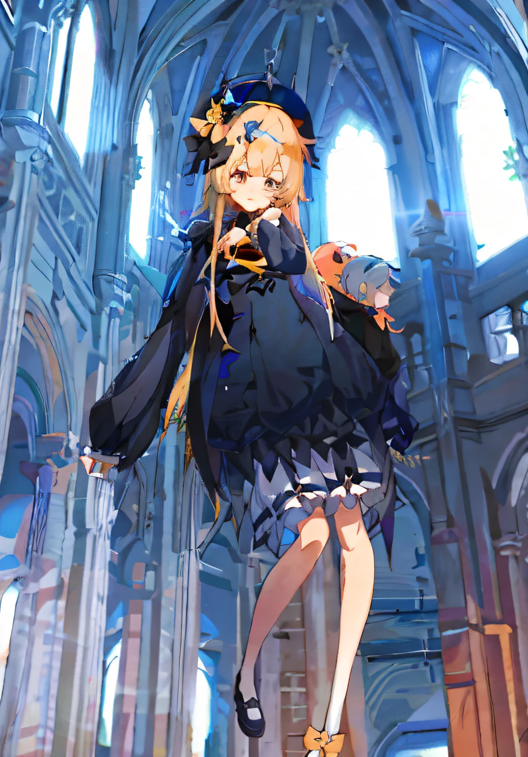 Anime girl walking in church in black dress and hat, Splash art anime Loli, azur lane style, A scene from the《azur lane》videogame, loli in dress, Anime girl wearing black dress, Ayaka Genshin impact, cute anime waifu in a nice dress, From Arknights, 《azur lane》role, from girls frontline